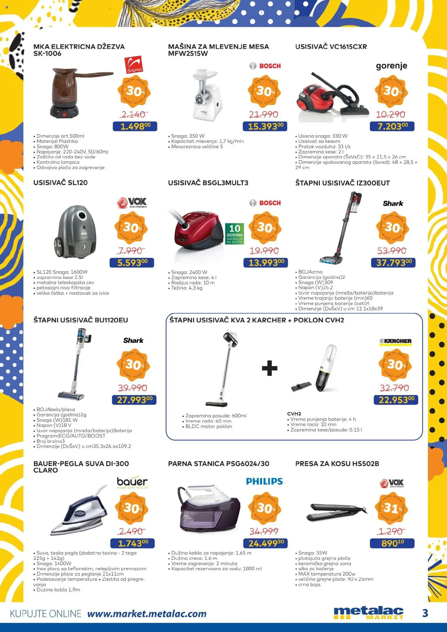 Metalac Market katalog - važi od 01.11.2025 | Strana: 3 | Proizvode: Usisivač, Džezva, Presa za kosu, Štapni usisivač
