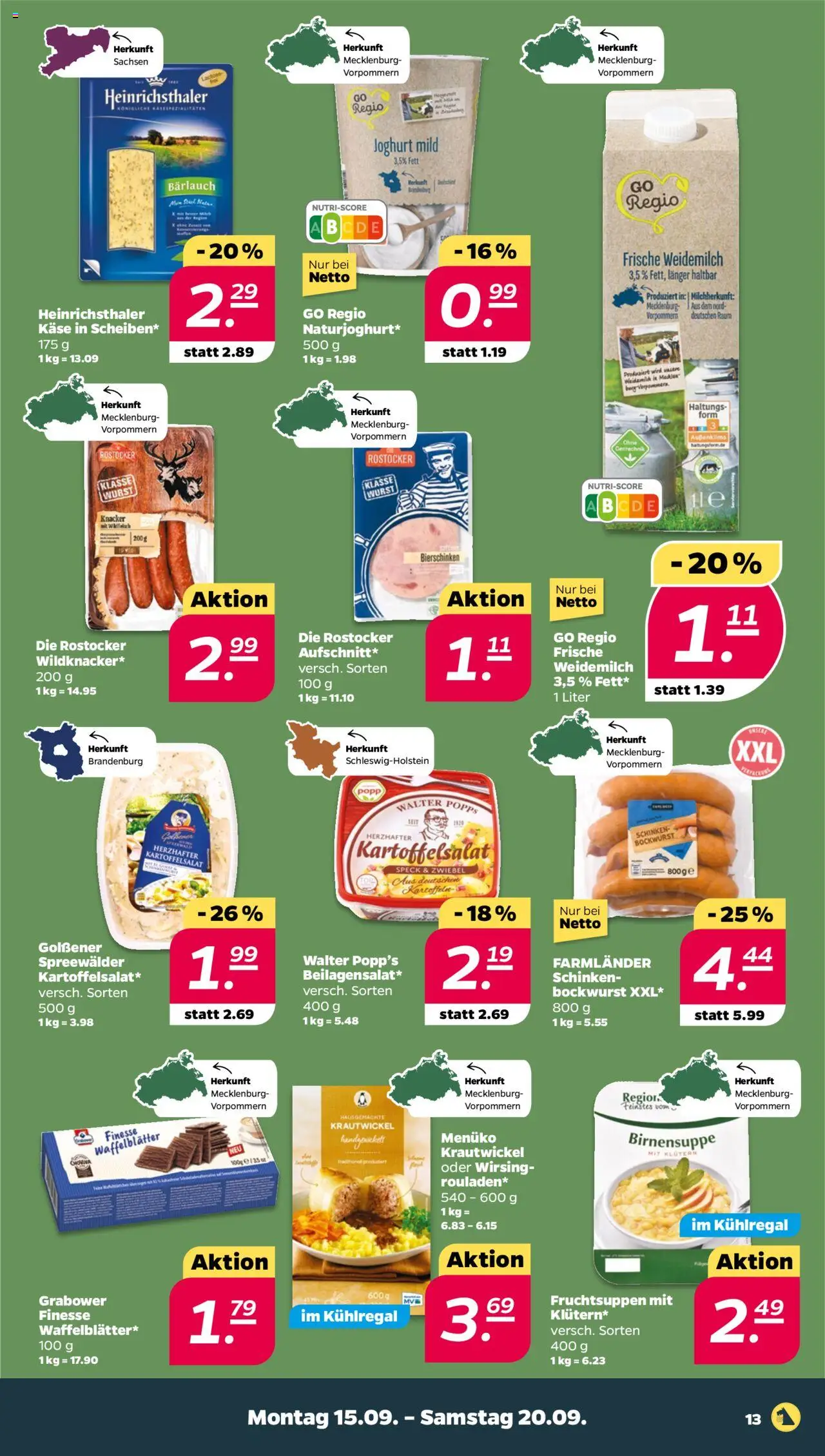 Netto Prospekt 	 – gültig ab 15.09.2025 | Seite: 13 | Produkte: Bockwurst, Käse, Wurst, Schinken
