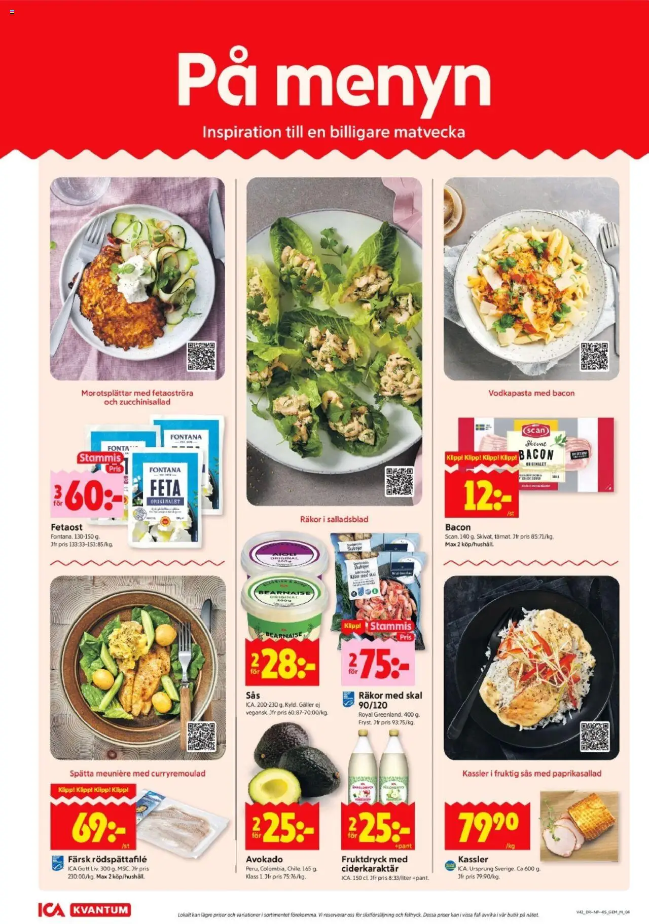 ICA Kvantum reklamblad aktuell från 13.10.2025 | Sida: 4 | Produkter: Kassler, Galler, Räkor, Fetaost