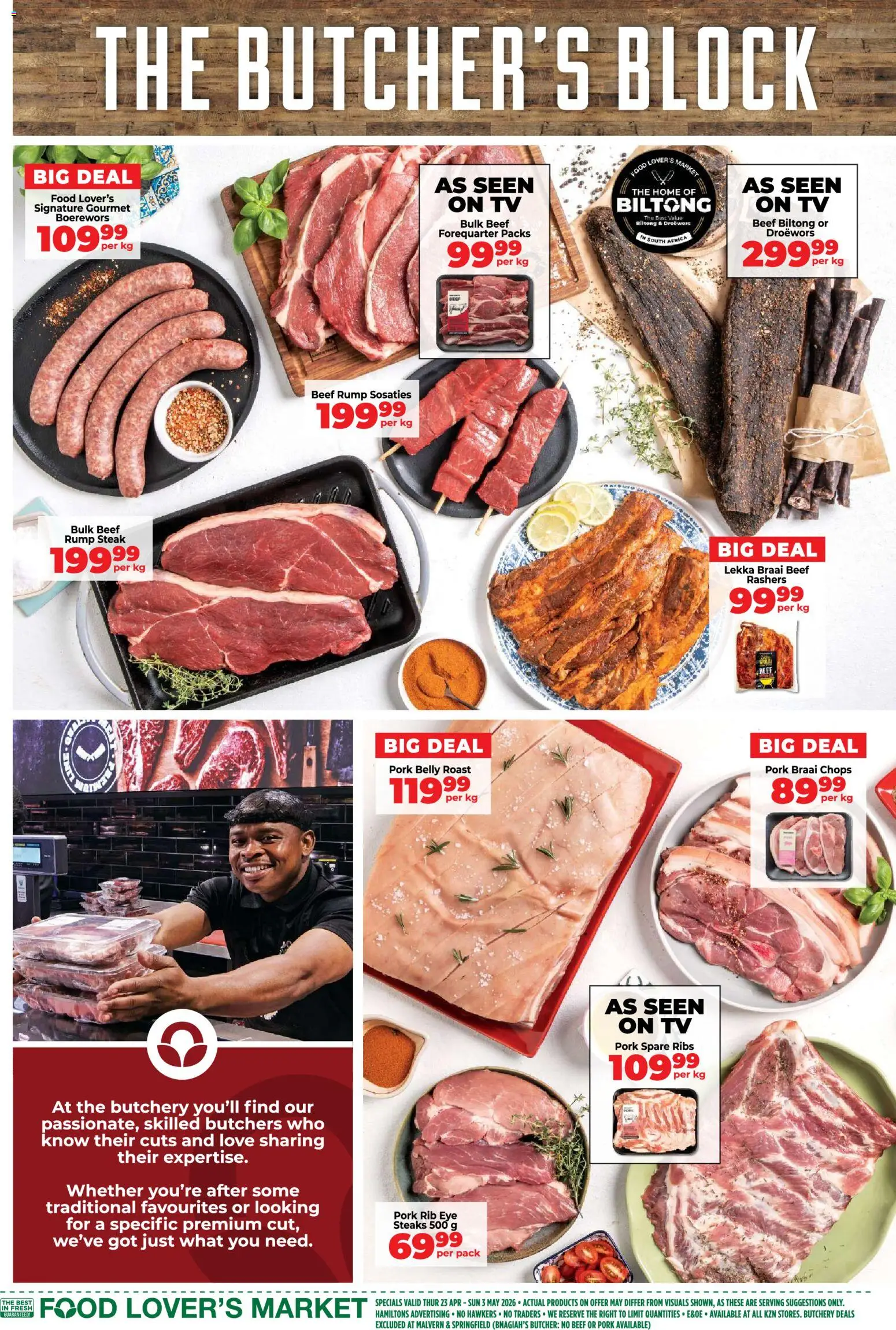 New Food Lover's Market catalogue – valid from 23.04.2026 | Page: 8 | Products: Boerewors, Pellets résineux, Pork, Beef