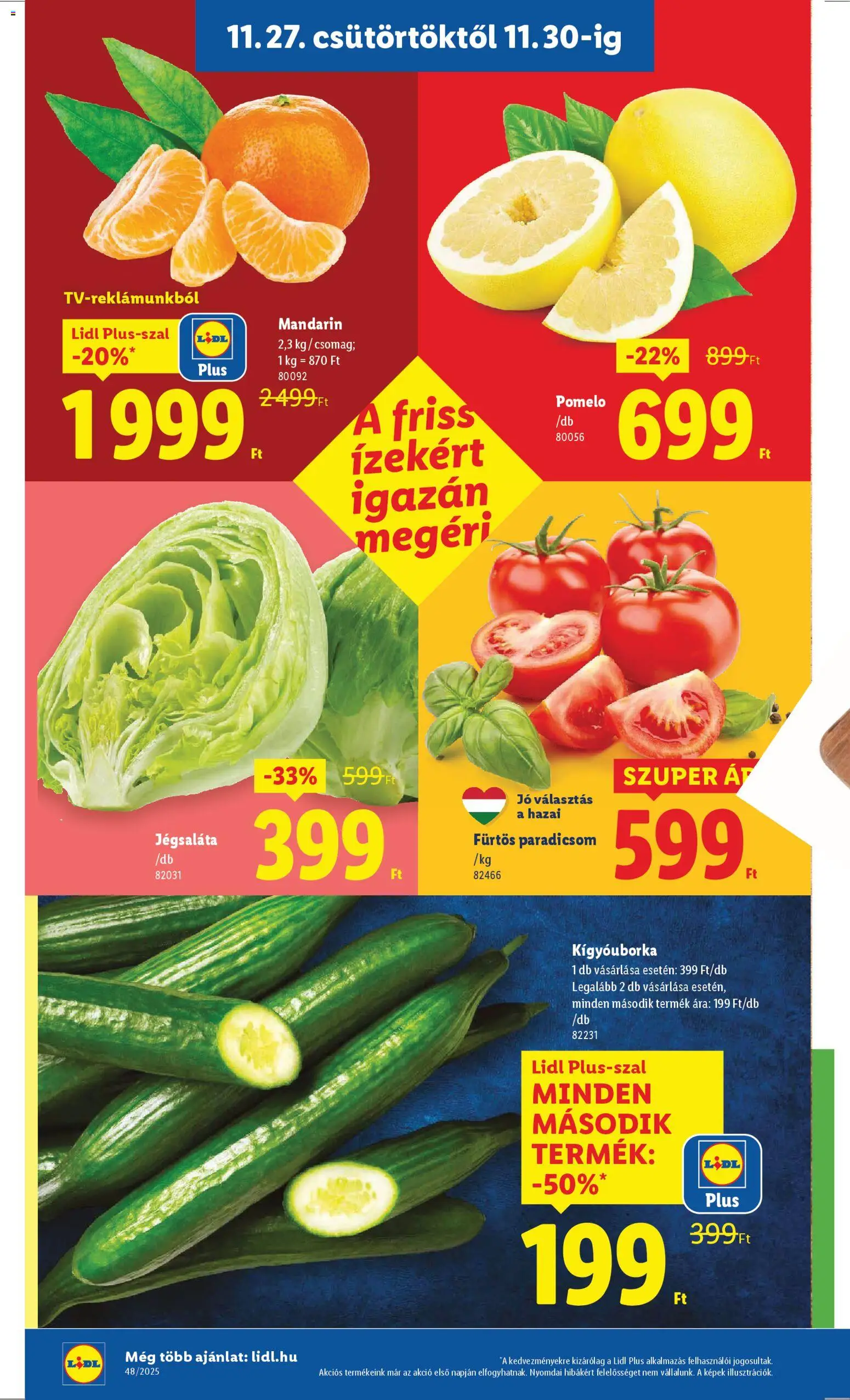 Lidl akciós ujság - amely érvényes a következő dátumtól: 27.11.2025 | Oldal: 2 | Termékek: Kígyóuborka, Pomelo, Paradicsom, Mandarin