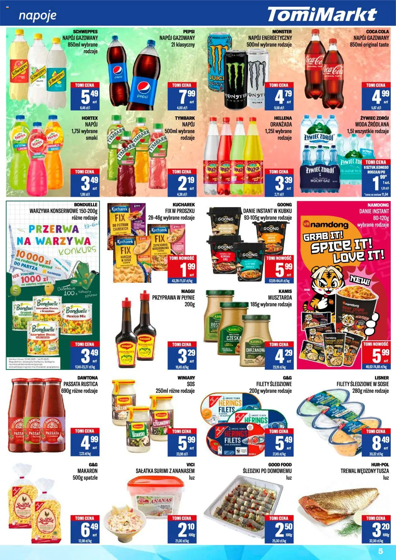 TomiMarkt Gazetka od 16.08.2025 | Strona: 5 | Produkty: Napoje, Woda źródlana, Chrzan, Trewal