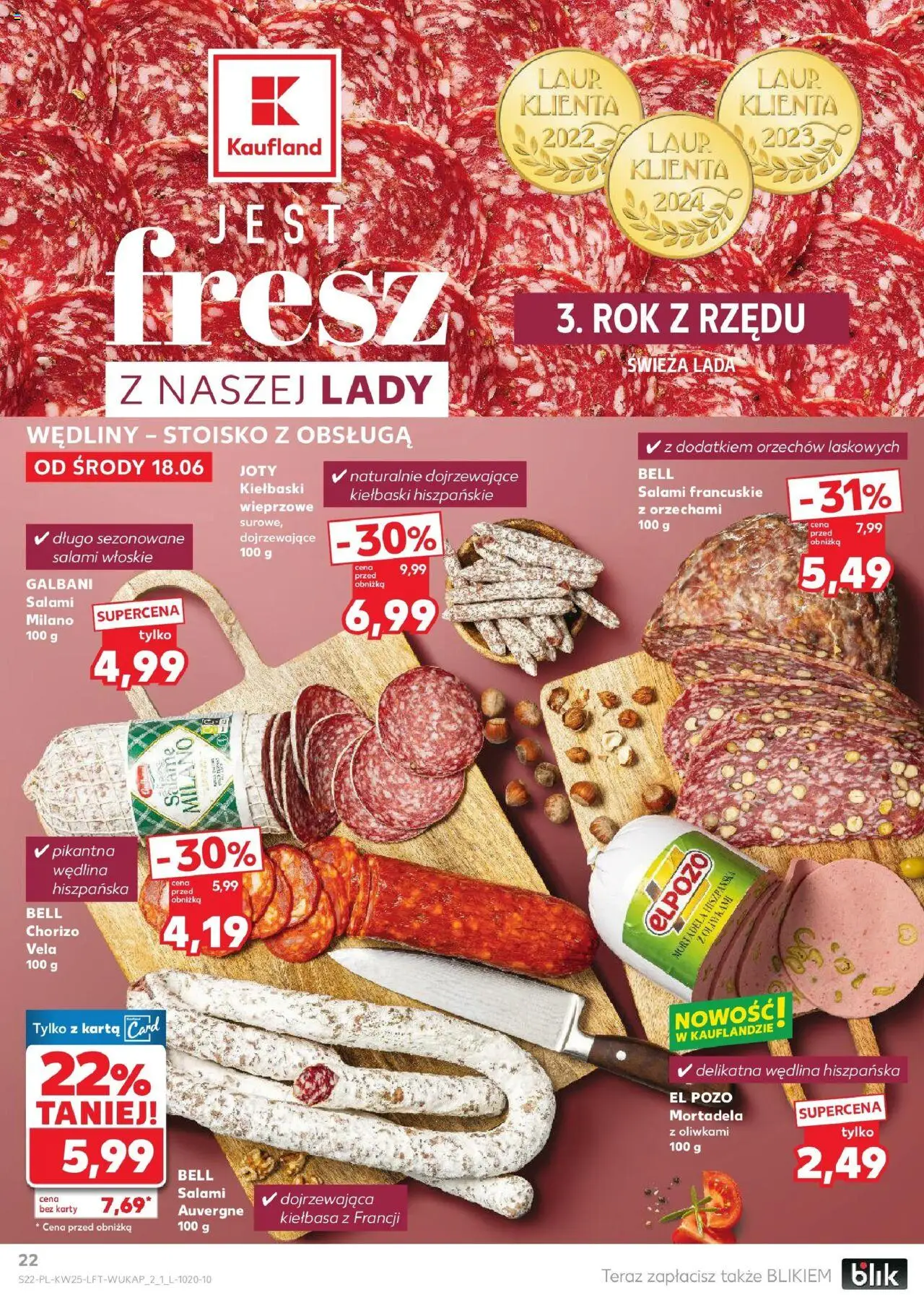 Kaufland gazetka od 18.06.2025 | Strona: 22 | Produkty: Mortadela, Bell, Kiełbaski, Salami