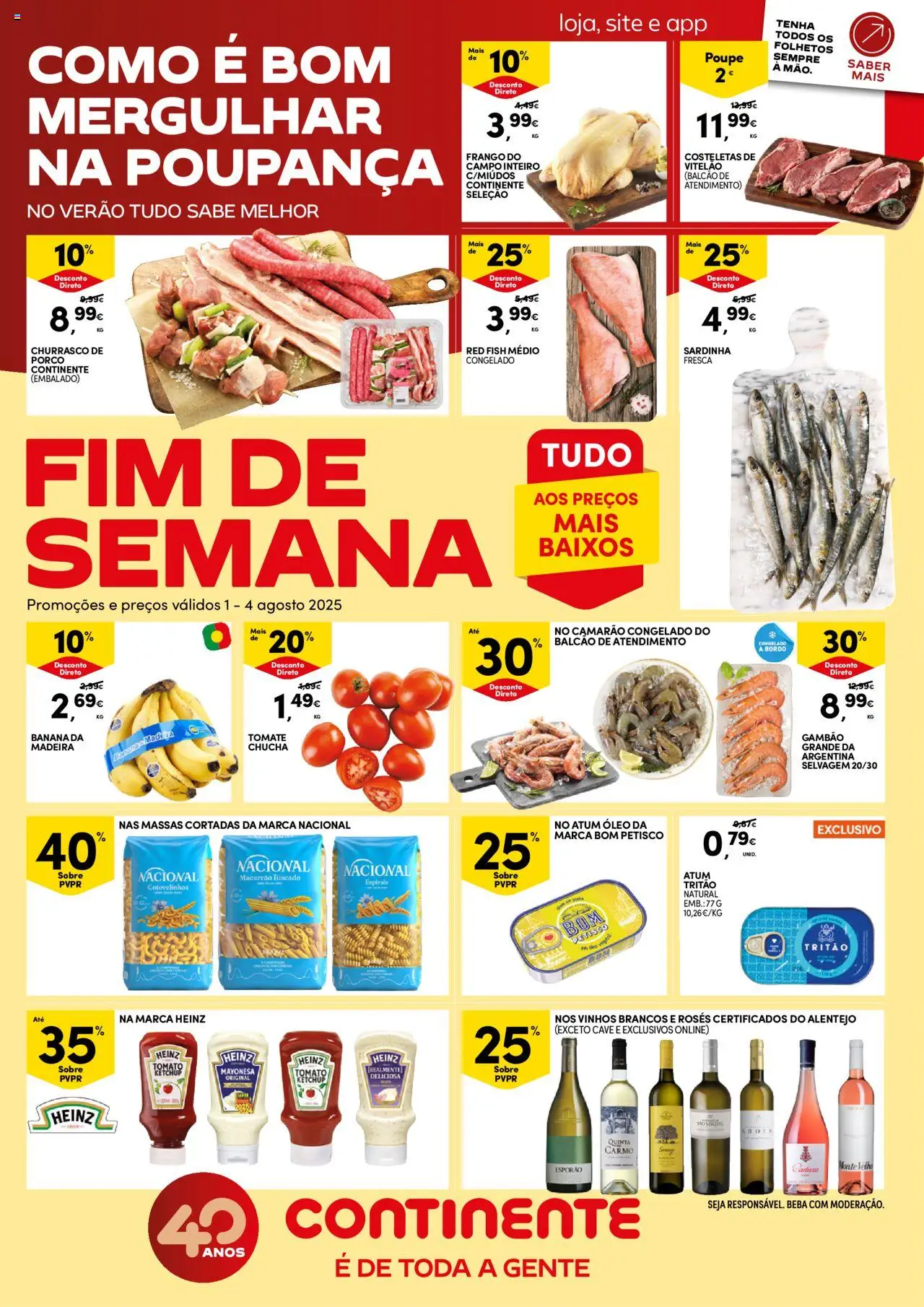 Continente - Fim de Semana │ válido de 01.08.2025 | Página: 1 | Produtos: Atum, Banana, Óleo, Macarrão