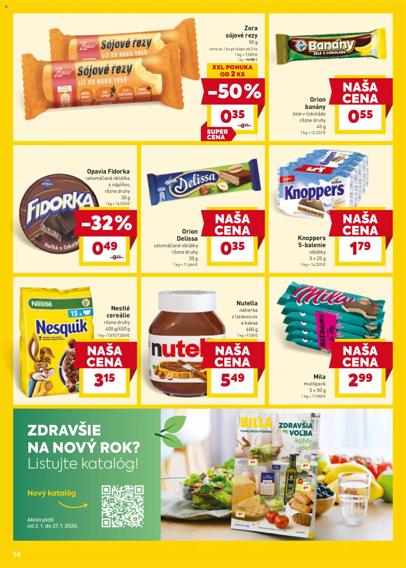 Nové Billa akcie – leták je platný od 21.01.2026 | Strana: 14 | Produkty: Banány, Mila, Nesquik, Nutella