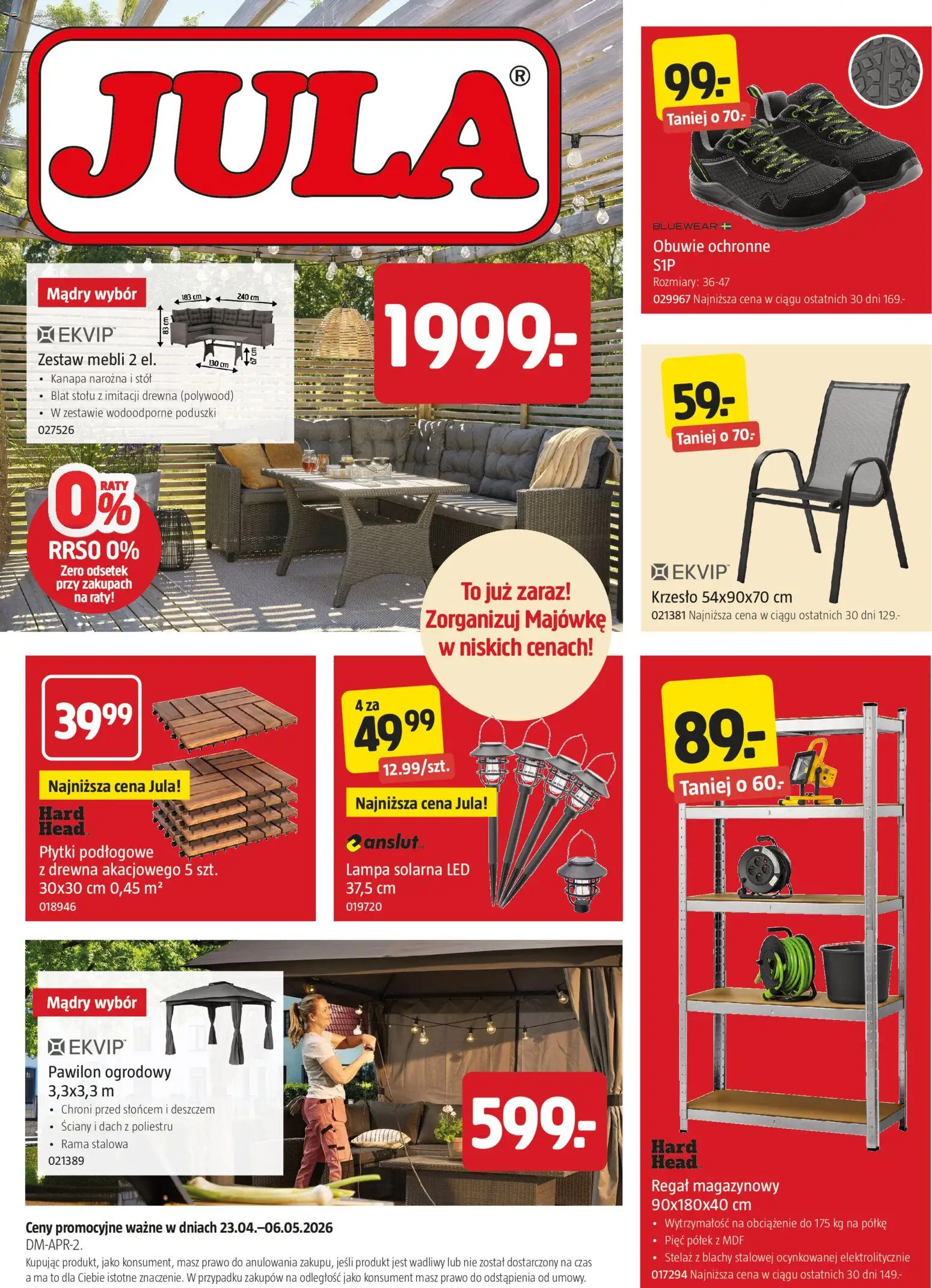 Jula gazetka od 23.04.2026 | Strona: 1 | Produkty: Lampa solarna, Pawilon ogrodowy, Stół, Regał