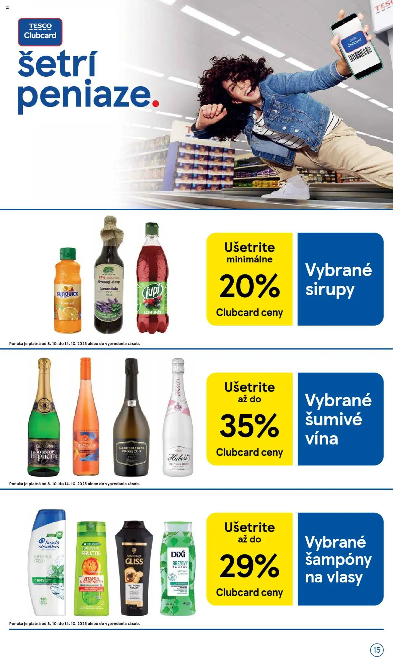 Nové Tesco akcie – leták je platný od 08.10.2025 | Strana: 15 | Produkty: Prosecco, Šampón, Sunquick, Head & Shoulders