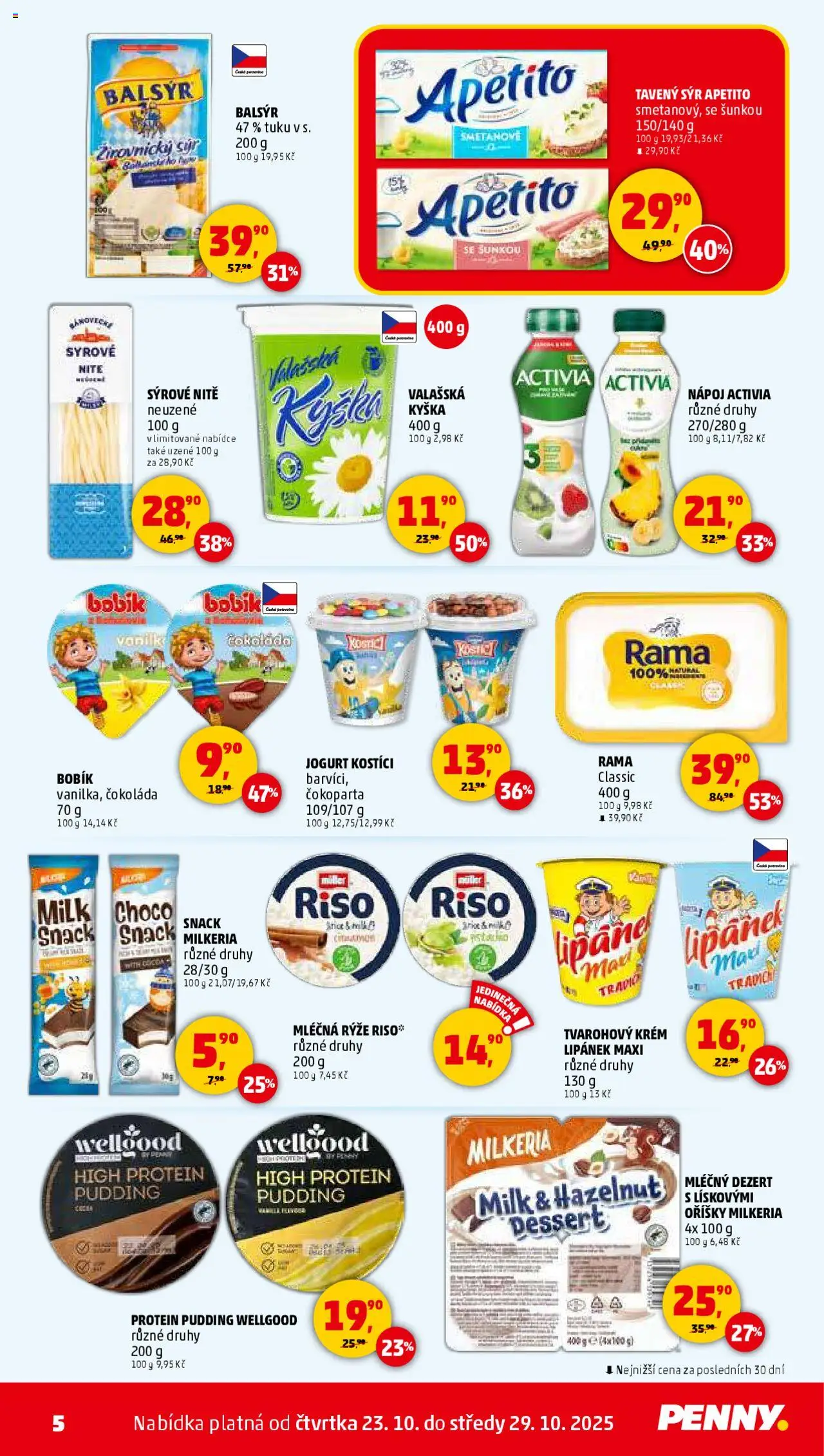Penny Market leták - Čtvrtečník od 23.10.2025 | Strana: 5 | Produkty: Lipánek, Sýr, Mléčná rýže, Protein