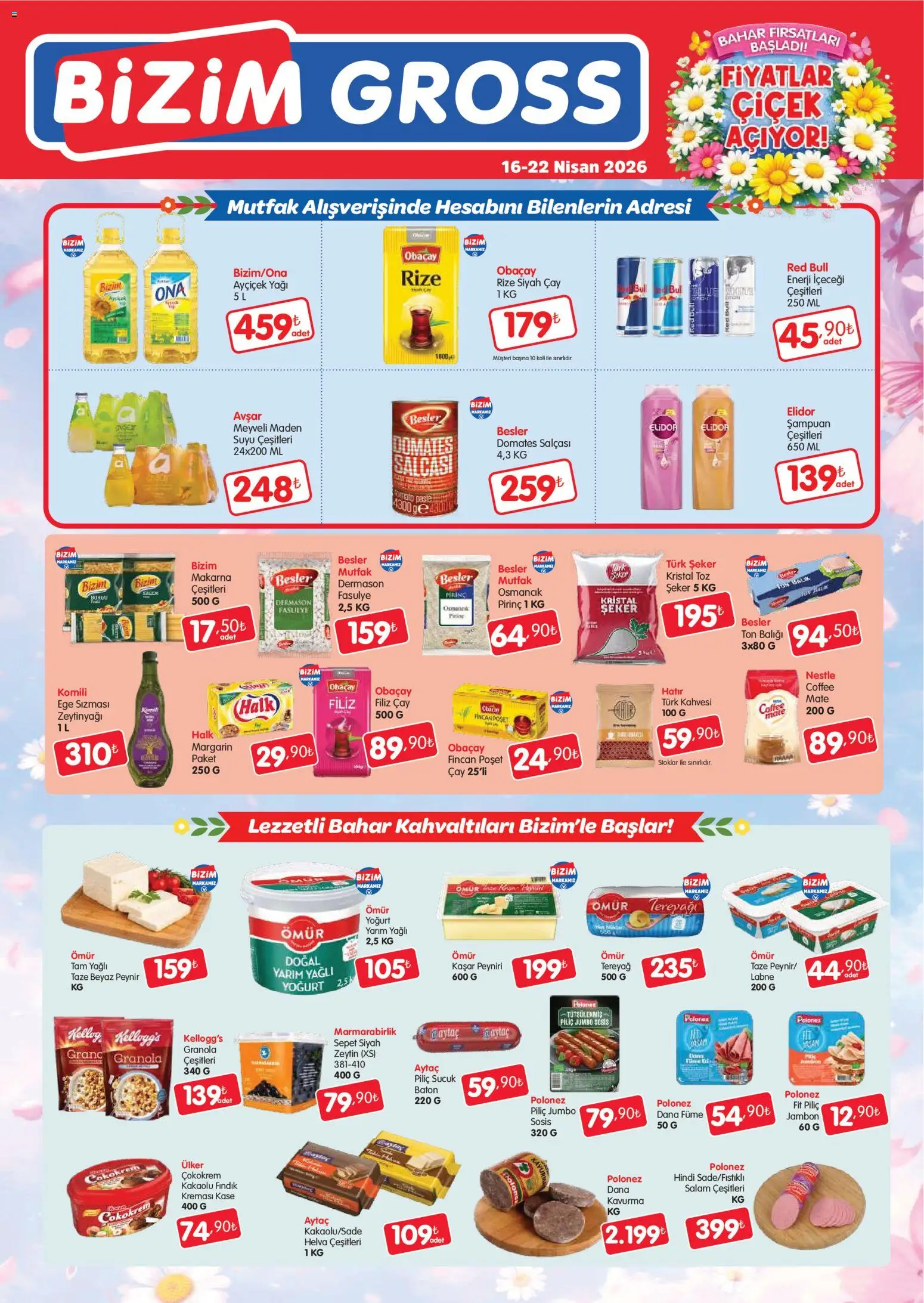 Bizim Toptan - Bizim Gross Fırsat Bülteni - 16.04.2026 tarihinden itibaren geçerlidir | Sayfa: 1 | Ürünler: Sepet, Peynir, Pirinç, Dana füme