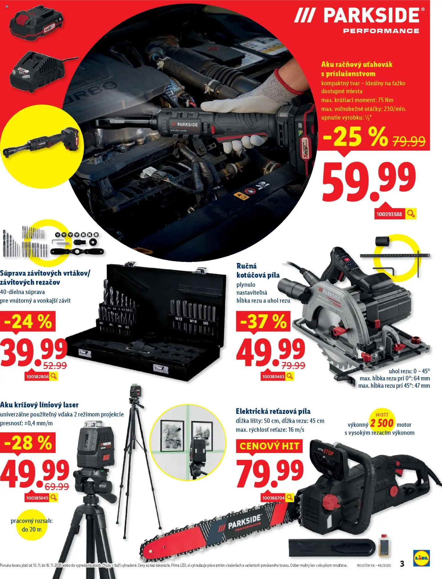 Nové Lidl akcie – leták je platný od 10.11.2025 | Strana: 3 | Produkty: Elektrická reťazová píla, Laser, Reťazová píla, Píla