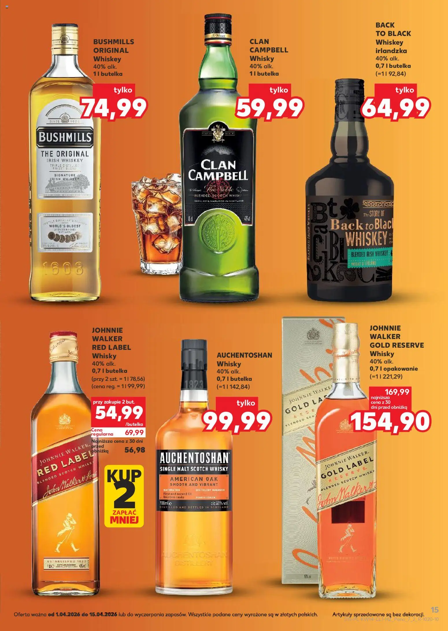 Kaufland Polsko leták - Barek od 01.04.2026 | Strana: 15 | Produkty: Whiskey, Whisky, Red Label, Bushmills