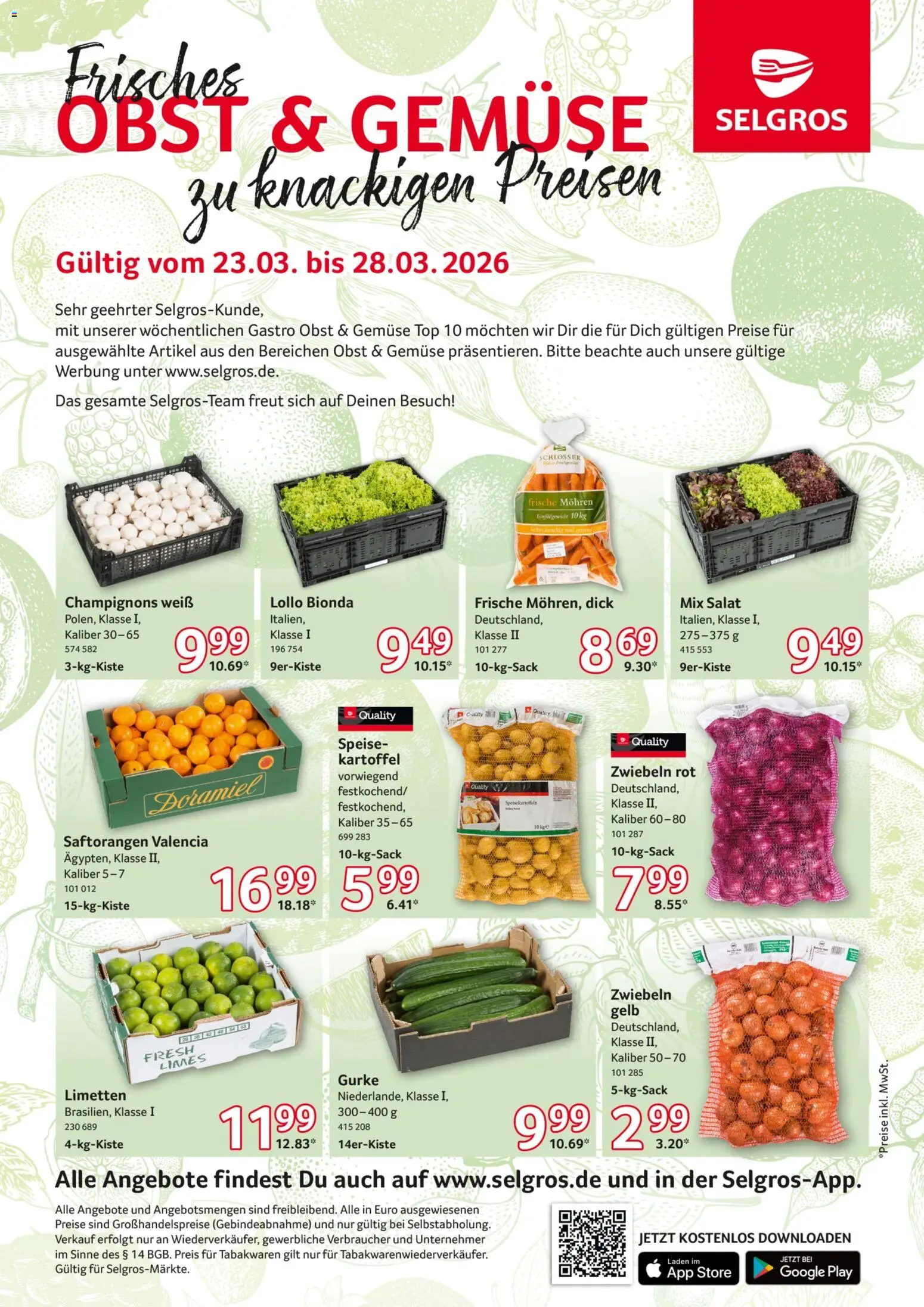 Selgros Obst & Gemüse – gültig ab 23.03.2026 | Seite: 1 | Produkte: Top, Limetten, Mohren, Salat