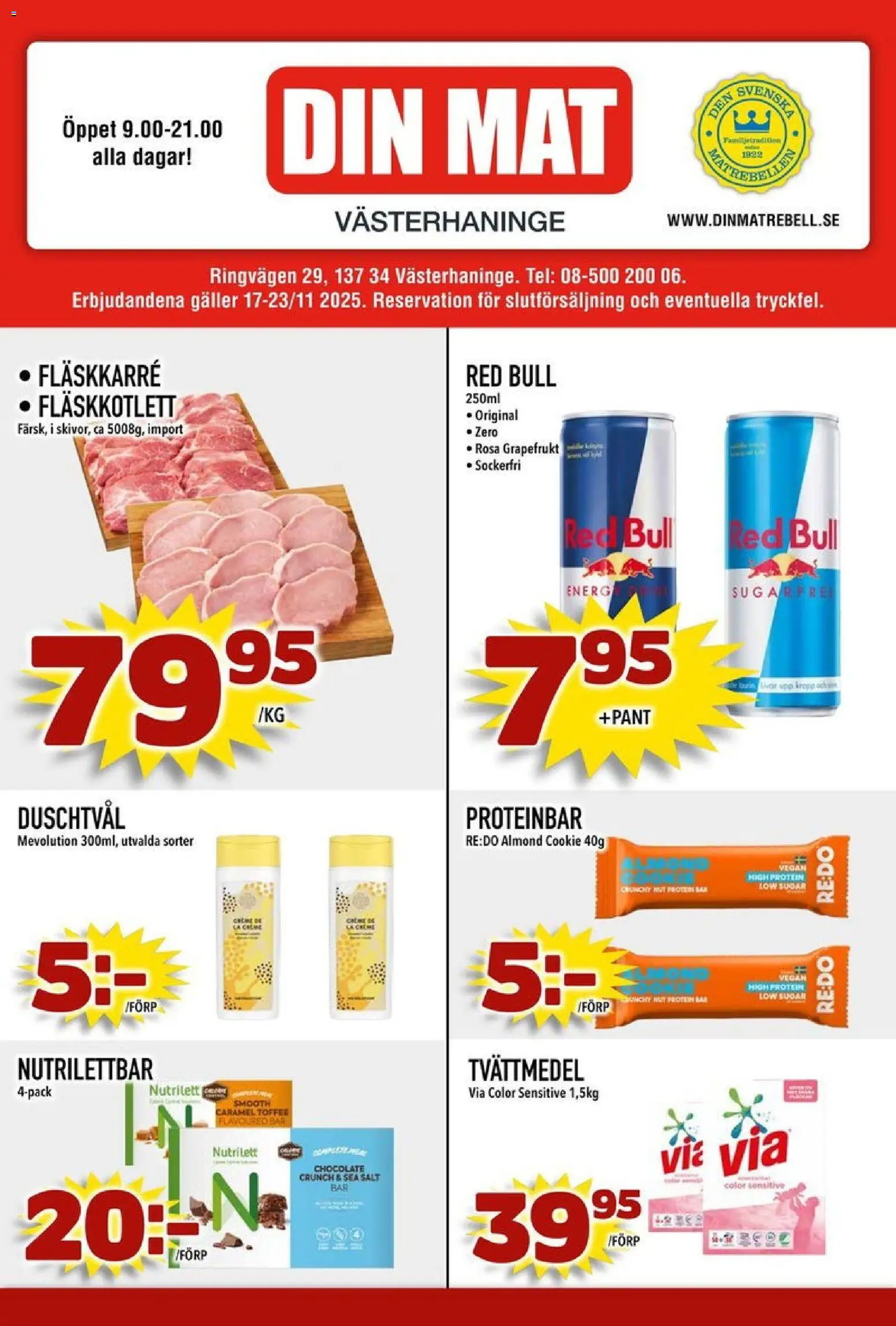 Din Mat reklamblad aktuell från 17.11.2025 | Sida: 1 | Produkter: Red bull, Galler, Proteinbar, Grapefrukt