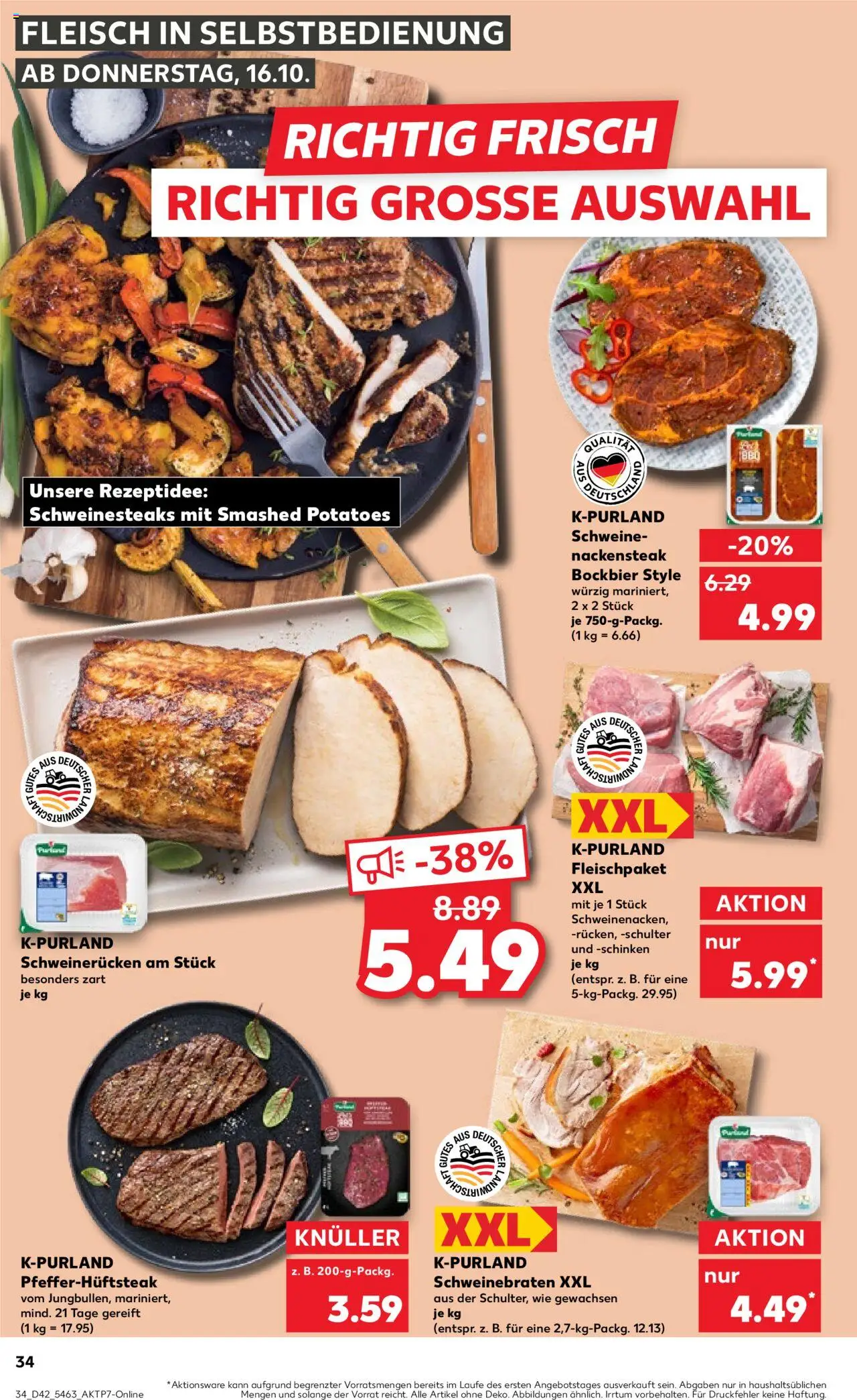 Kaufland prospekt Kiel	 – gültig ab 16.10.2025 | Seite: 34 | Produkte: Schweinerucken, Schinken, Steak, Fleisch