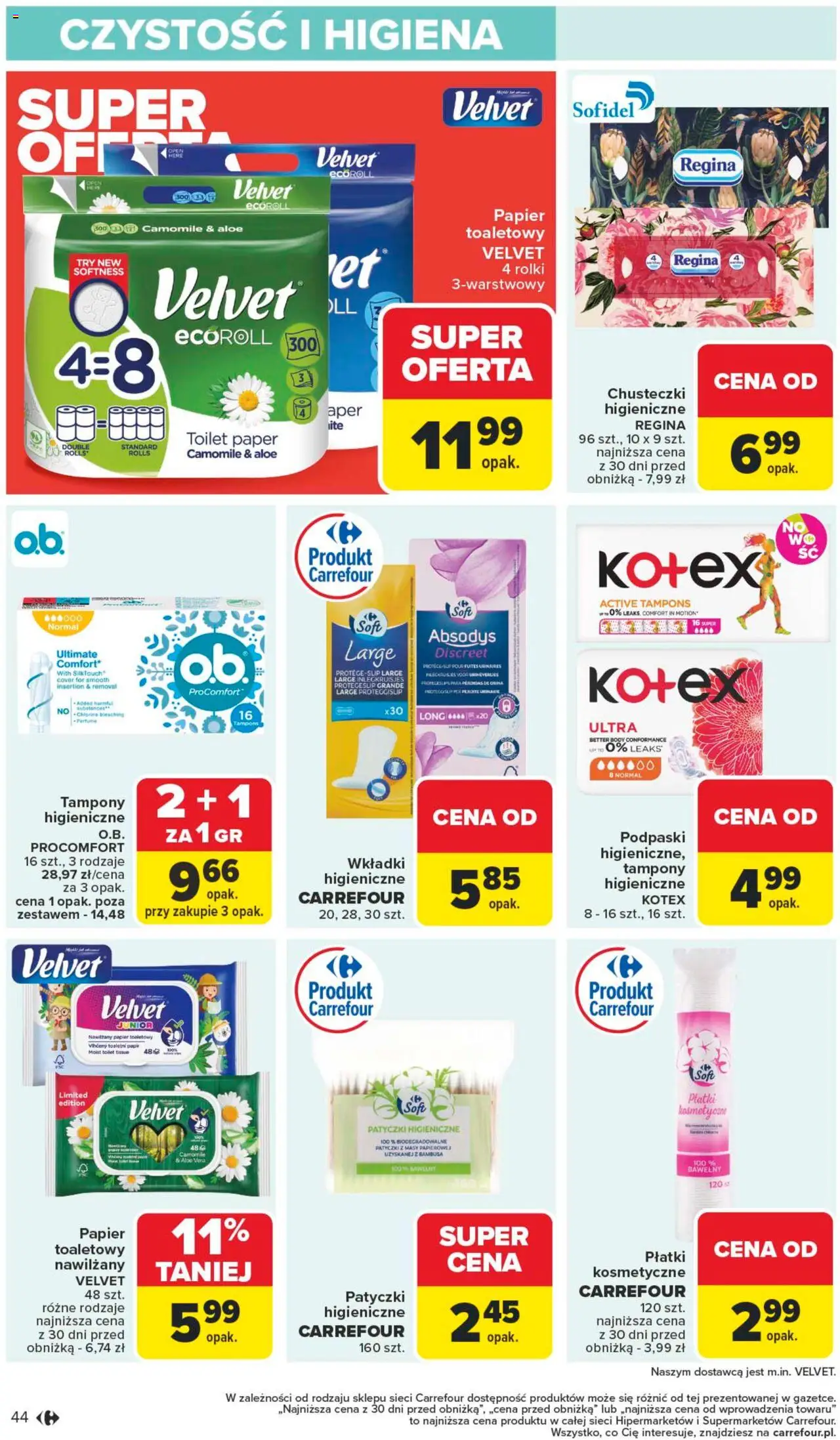 Carrefour Gazetka od 13.10.2025 | Strona: 44 | Produkty: Papier toaletowy, Tampony, Rolki, Podpaski