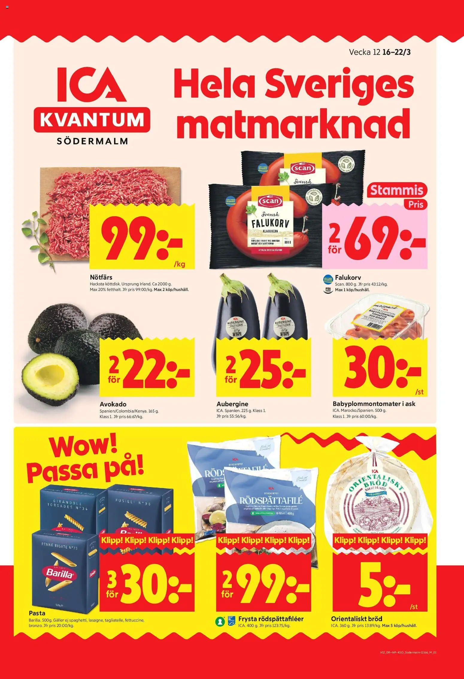 ICA Kvantum reklamblad aktuell från 16.03.2026 | Sida: 1 | Produkter: Falukorv, Bröd, Tomater, Pasta