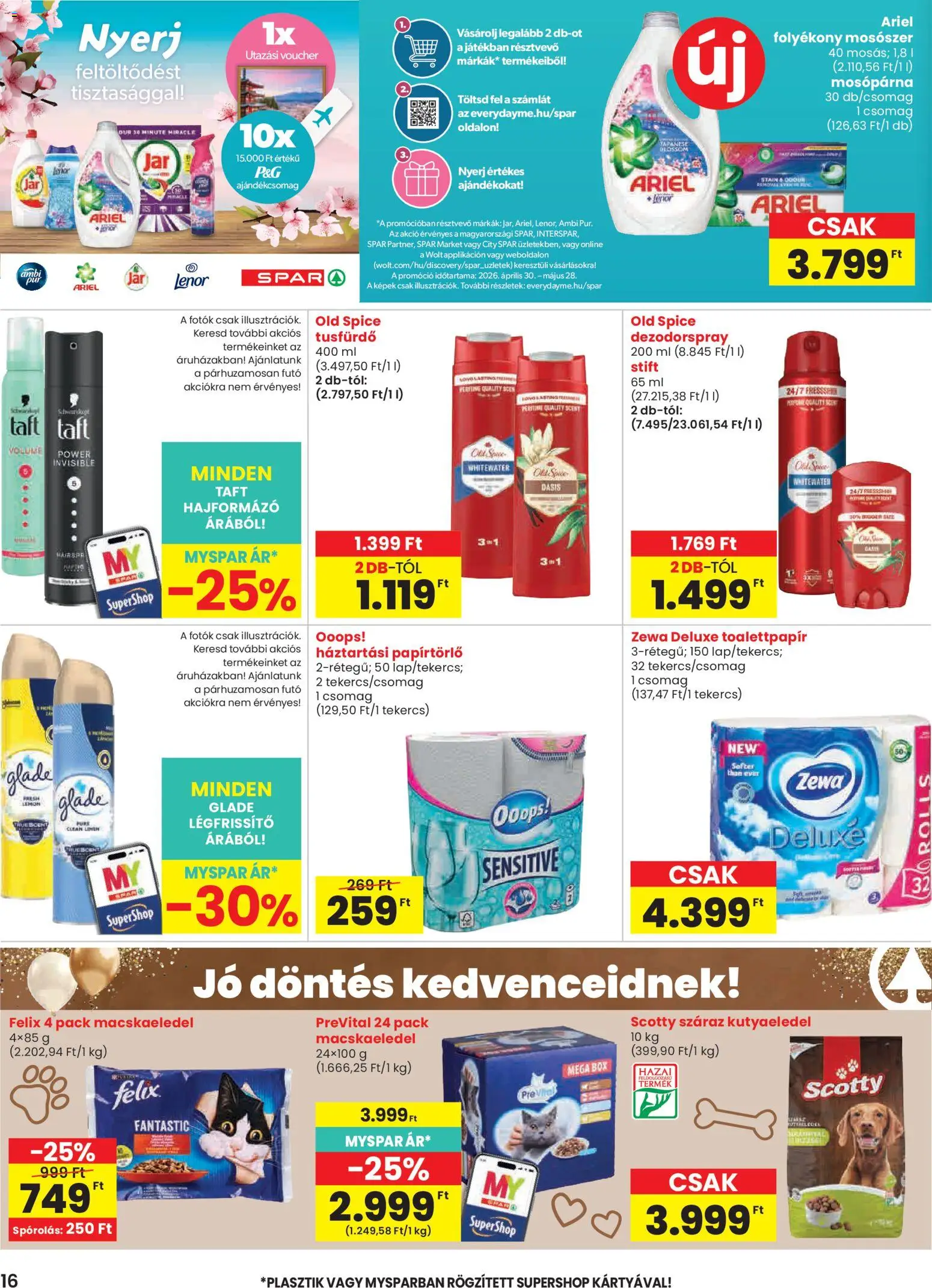 Spar akciós ujság - amely érvényes a következő dátumtól: 30.04.2026 | Oldal: 16 | Termékek: Ariel, Macskaeledel, Légfrissítő, Folyékony mosószer