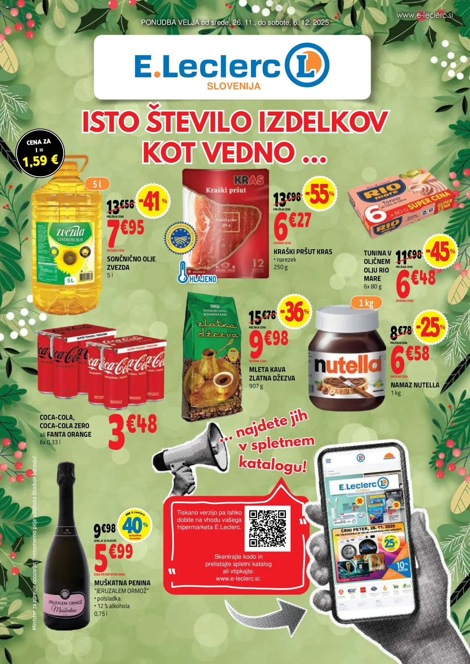 Novi E.leclerc katalog ponudbe – veljaven od 26.11.2025 | Stran: 1 | Izdelki: Pršut, Namaz, Olje, Kava