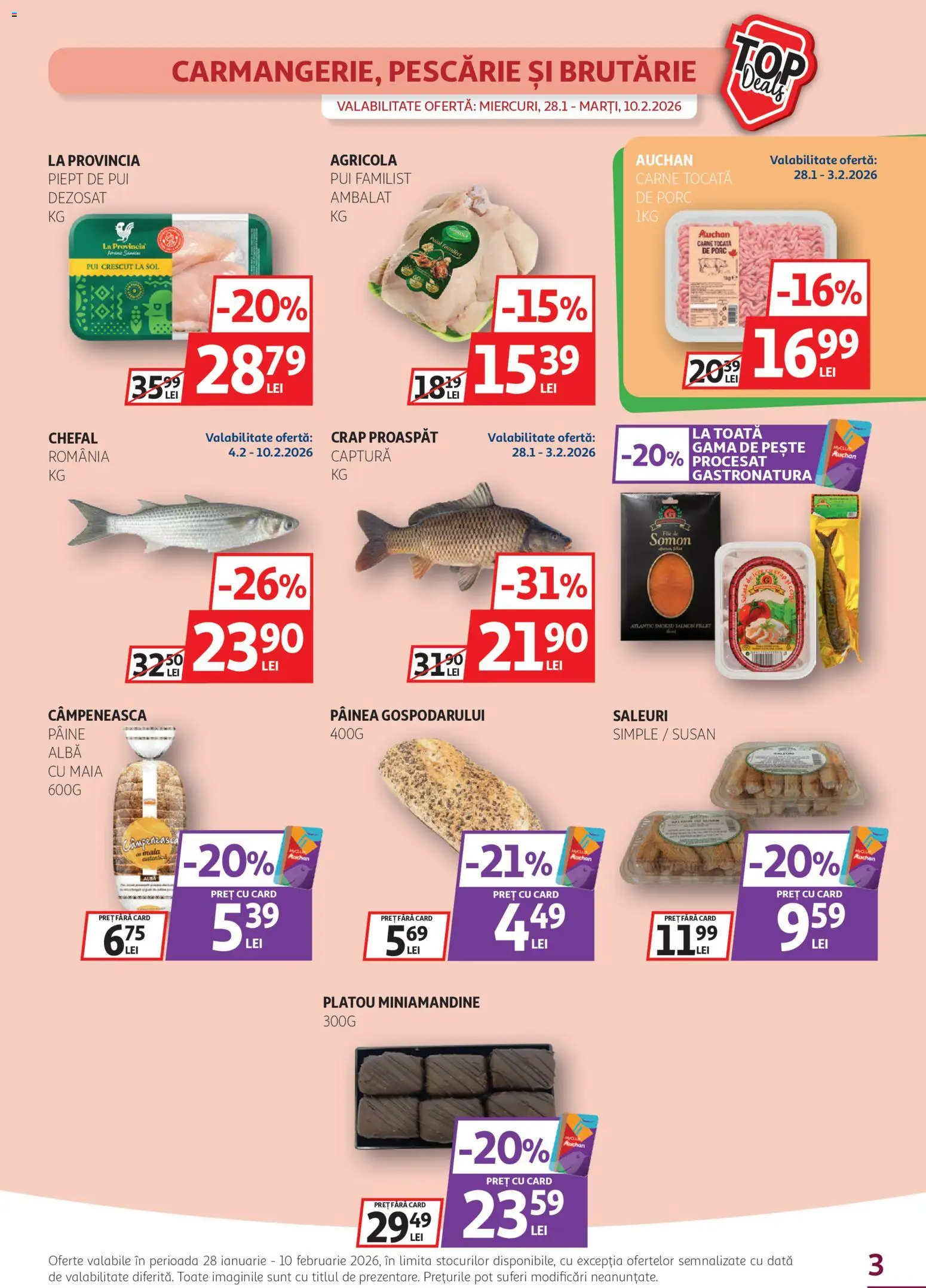Noul catalog Auchan – valabil de la 28.01.2026 | Pagină: 3 | Produse: Hacıyatmaz Kedi Oyuncağı, Pâine, Pește, Carne tocată