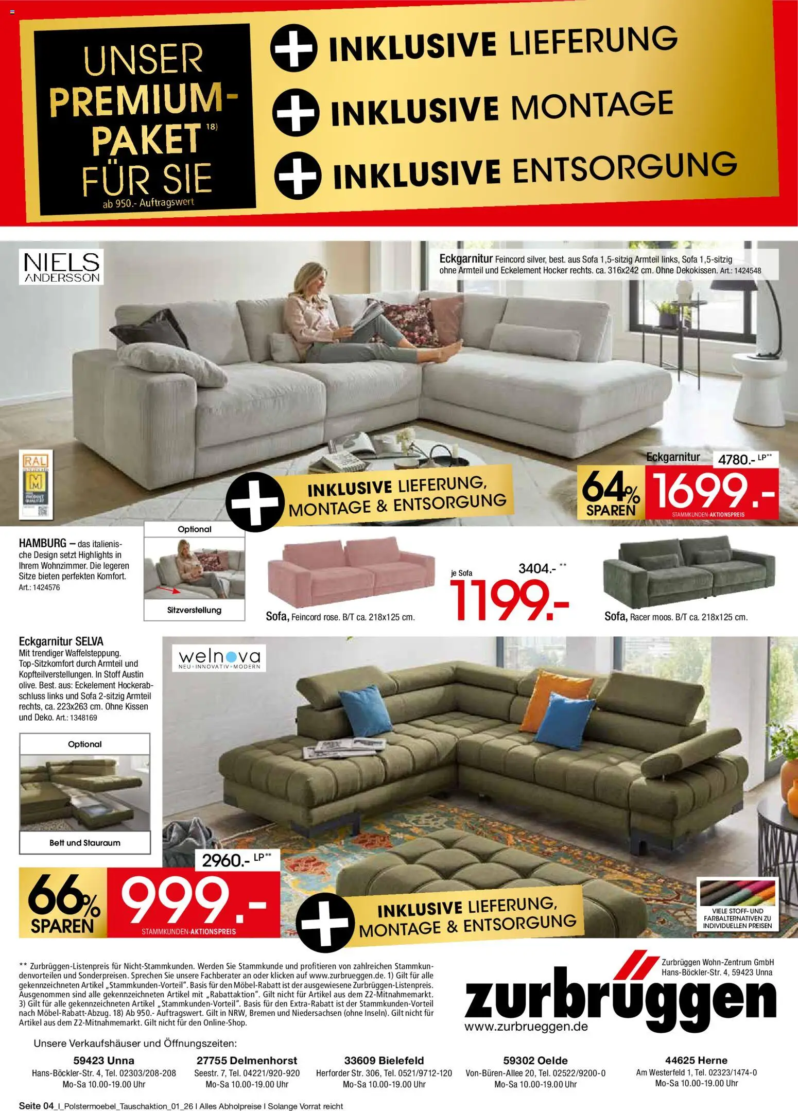 Zurbrüggen Polstermöbel Spezial – gültig ab 31.03.2026 | Seite: 4 | Produkte: Hocker, Bett, Sofa, Uhr