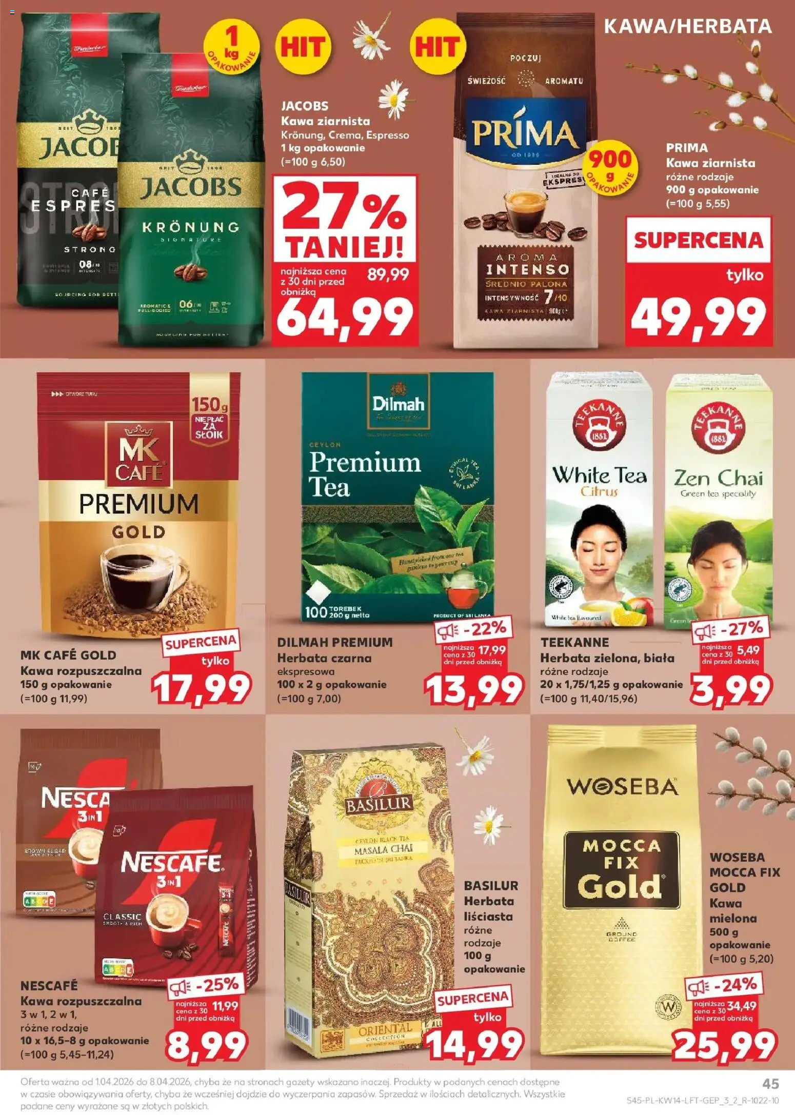 Kaufland gazetka od 01.04.2026 | Strona: 45 | Produkty: Kawa ziarnista, Kawa rozpuszczalna, Kawa, Herbata