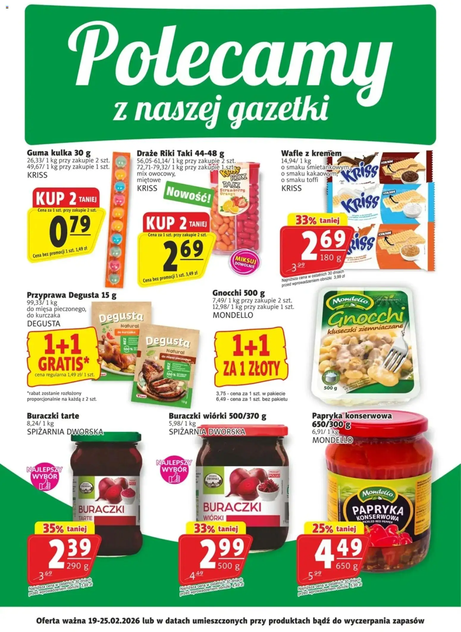 Prim Market Promocje - Primcard od 19.02.2026 | Strona: 1 | Produkty: Wafle, Mięso, Papryka, Gnocchi