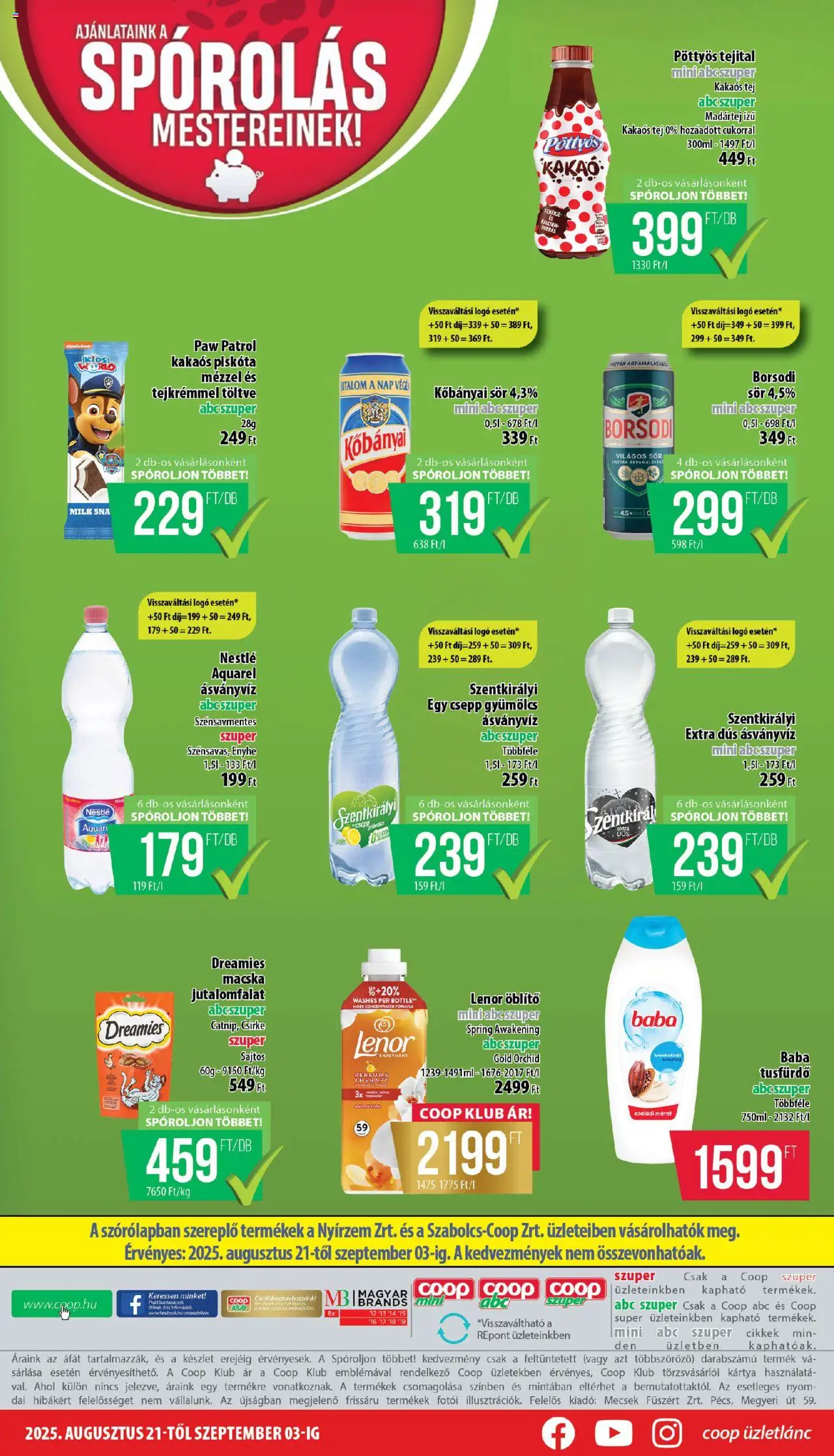 COOP akciós ujság - amely érvényes a következő dátumtól: 21.08.2025 | Oldal: 8 | Termékek: Kisela pavlaka, Tej, Sör, Kakaós tej