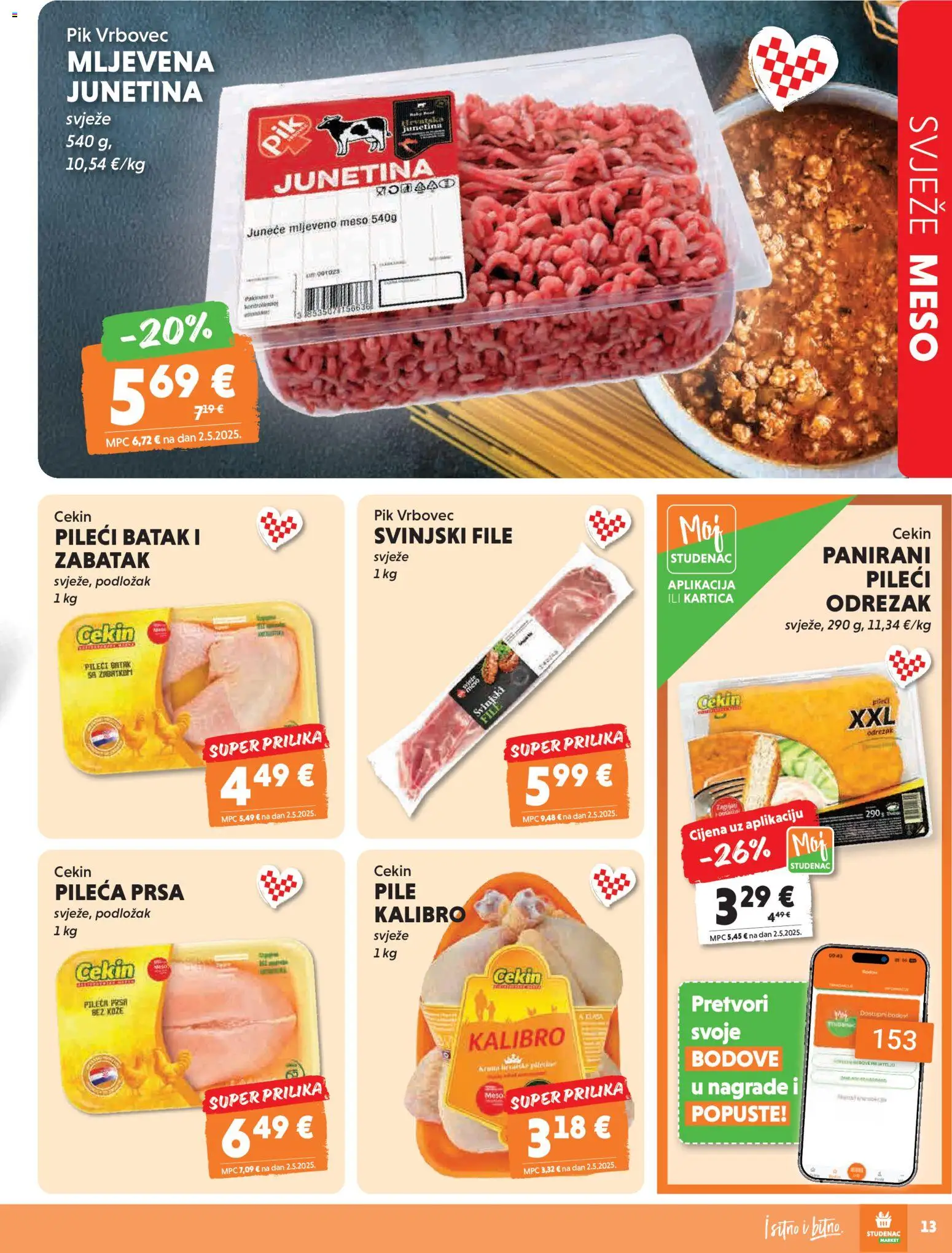 Studenac katalog | vrijedi od 29.04.2026 | Stranica: 13 | Proizvodi: Meso, Junetina, Pik Vrbovec, Pileća prsa