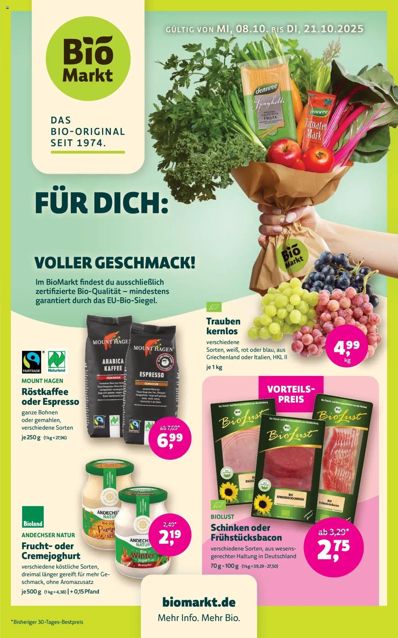 BioMarkt Prospekt – gültig ab 08.10.2025 | Seite: 1 | Produkte: Trauben, Pasta, Schinken, Fleisch