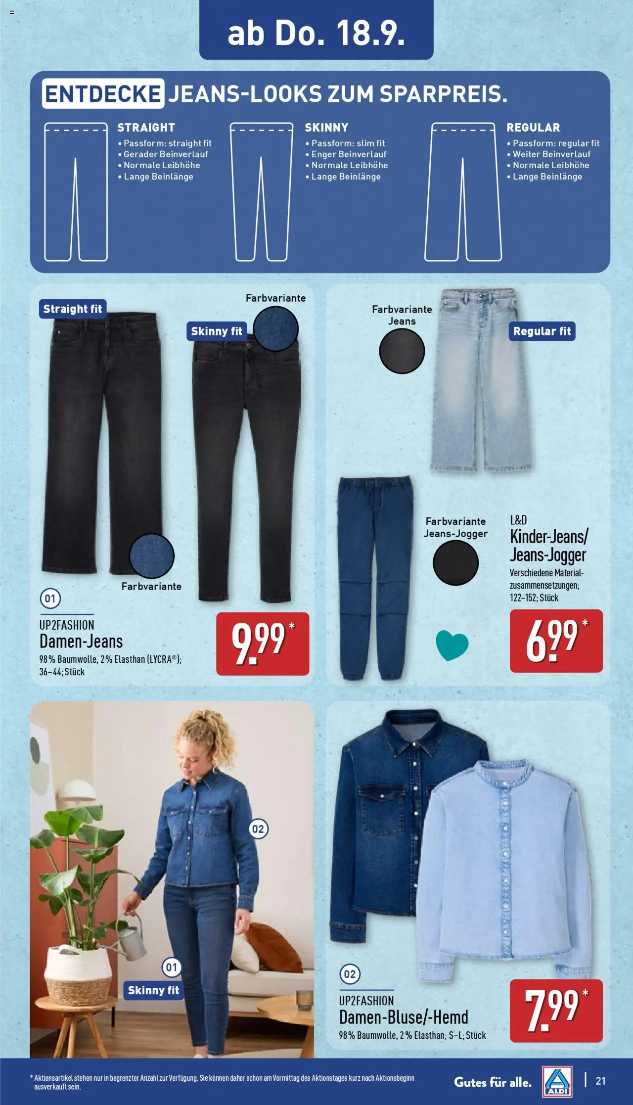 Aldi Prospekt 	 – gültig ab 15.09.2025 | Seite: 21 | Produkte: Skinny Fit Jeans, Up2fashion, Jeans