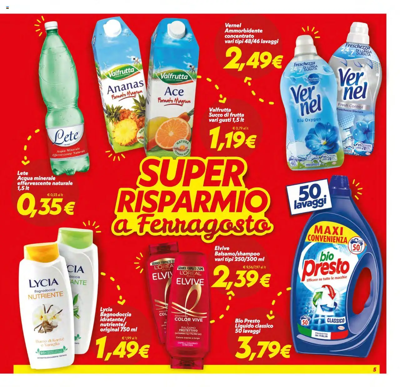 Volantino SuperConveniente del 12.08.2025 | Pagina: 5 | Prodotti: Ammorbidente, Acqua, Succo di frutta, Doccia