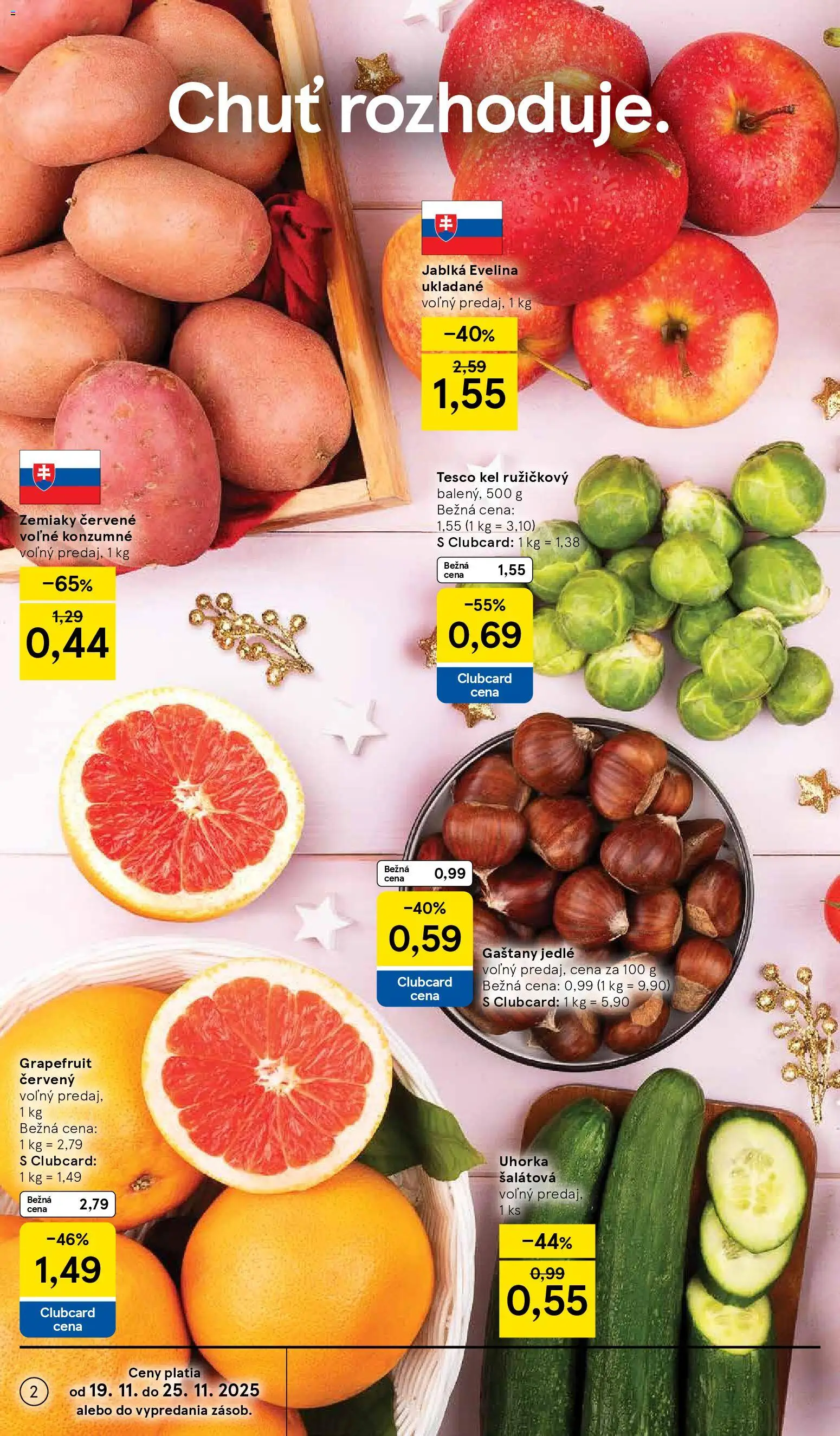 Nové Tesco akcie – leták je platný od 19.11.2025 | Strana: 2 | Produkty: Gaštany, Kel, Jablká, Zemiaky