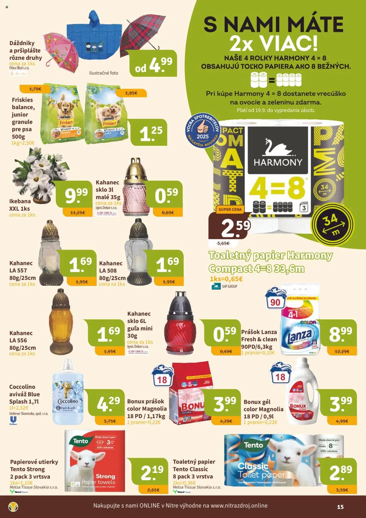 Nové Nitrazdroj akcie – leták je platný od 20.09.2025 | Strana: 15 | Produkty: Toaletný papier, Bonux, Coccolino, Ovocie