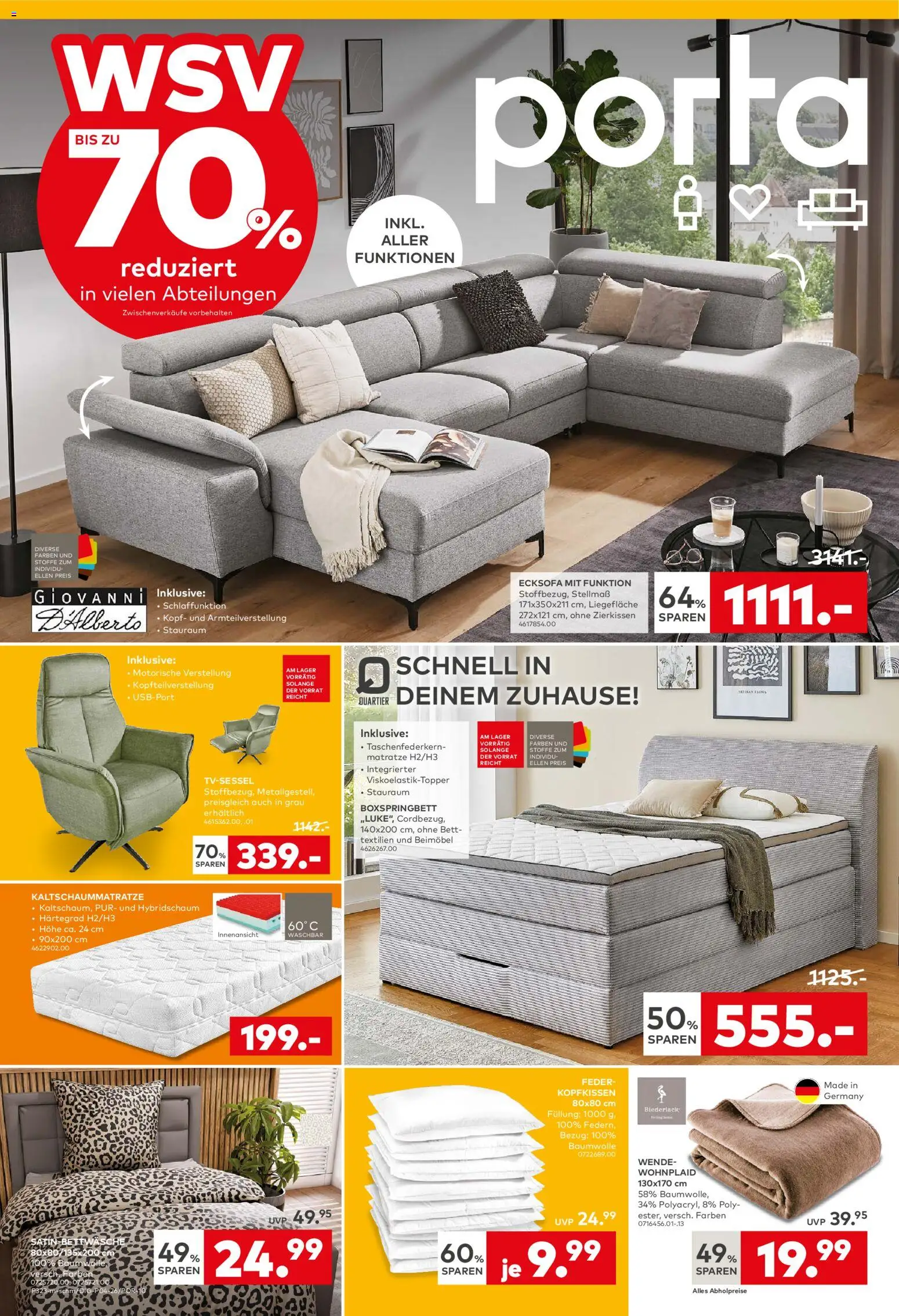 Porta! Bis zu 70% auf Möbel sparen beim WSV - Aachen – gültig ab 18.01.2026 | Seite: 1 | Produkte: Bett, Matratze, Boxspringbett, Kopfkissen