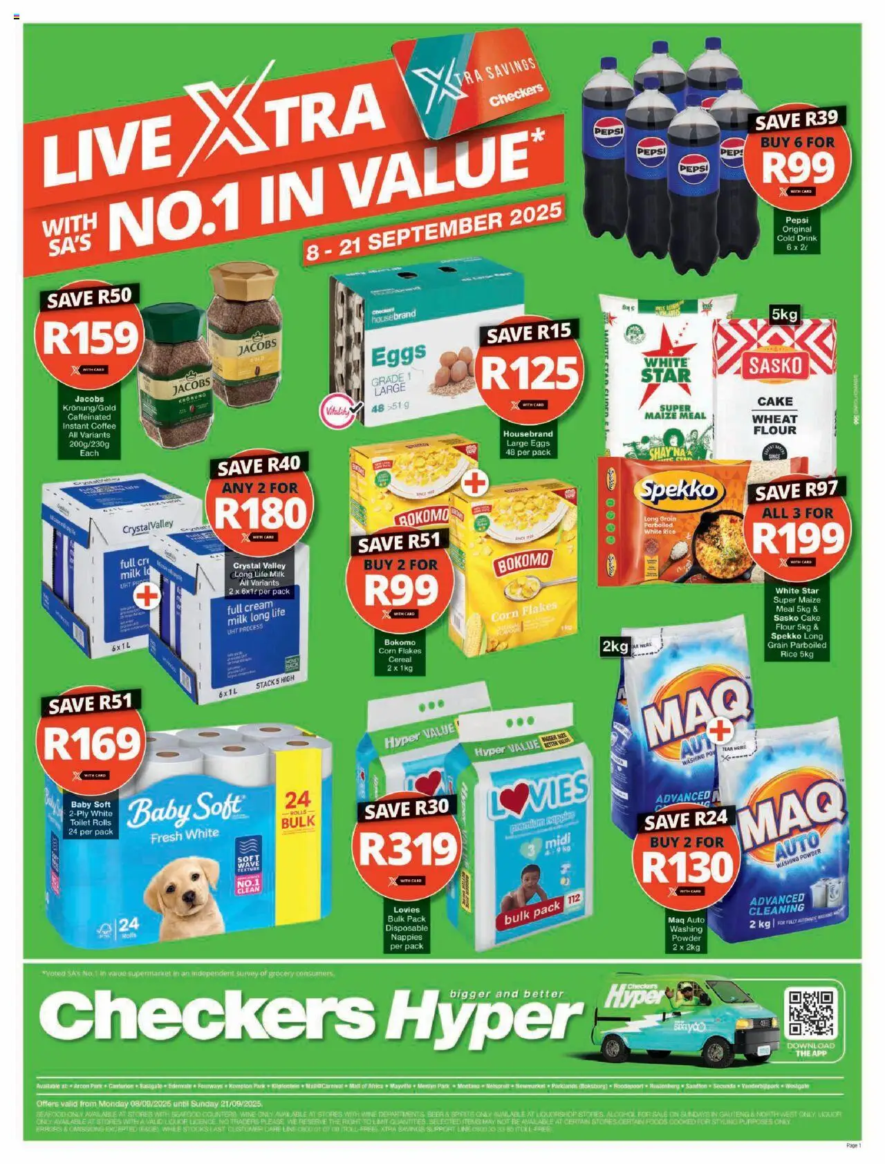 New Checkers catalogue – valid from 08.09.2025 | Page: 1 | Products: Flour, Coffee, Beer, Rice