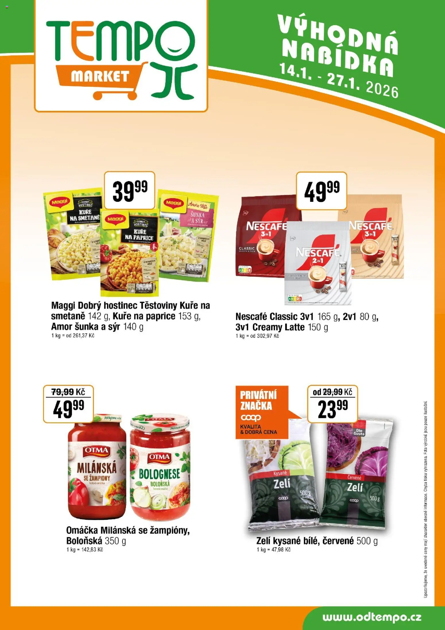Tempo leták od 14.01.2026 | Strana: 14 | Produkty: Sýr, Těstoviny, Zelí, Kuře