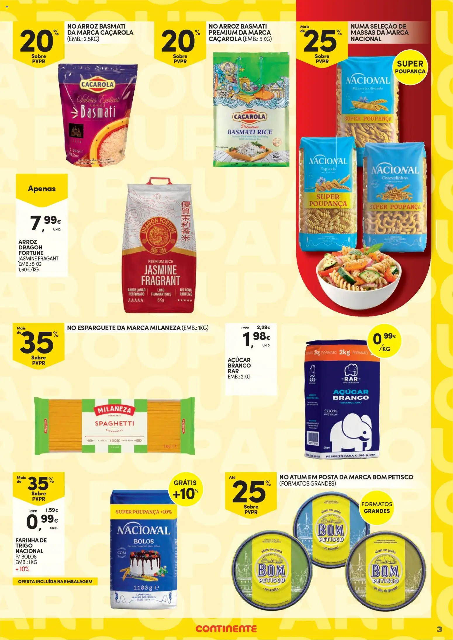 Continente - Poupança Para Todos │ válido de 07.04.2026 | Página: 3 | Produtos: Atum, Arroz basmati, Macarrão, Açúcar