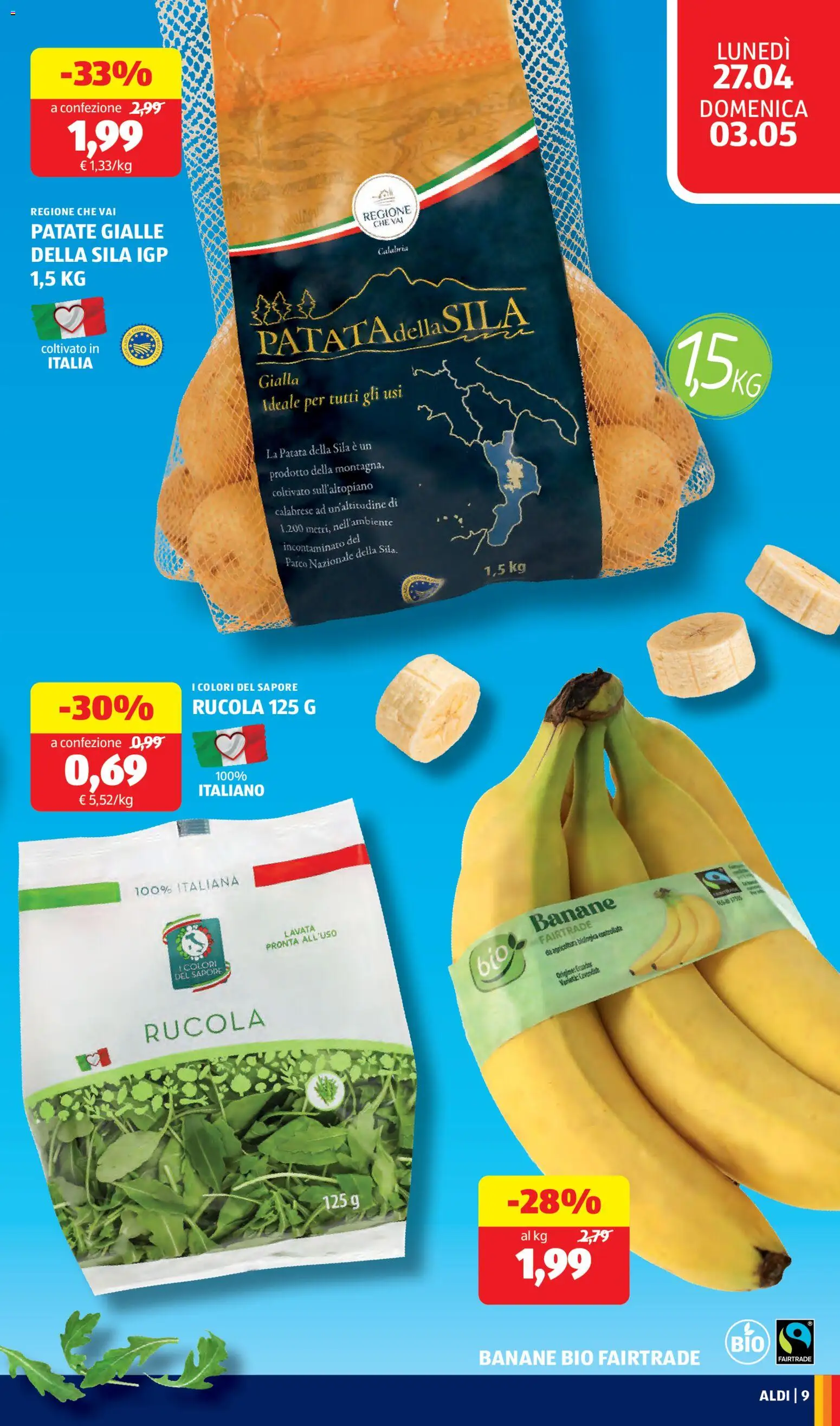 Volantino Aldi del 27.04.2026 | Pagina: 9 | Prodotti: Banane, Rucola, Patate