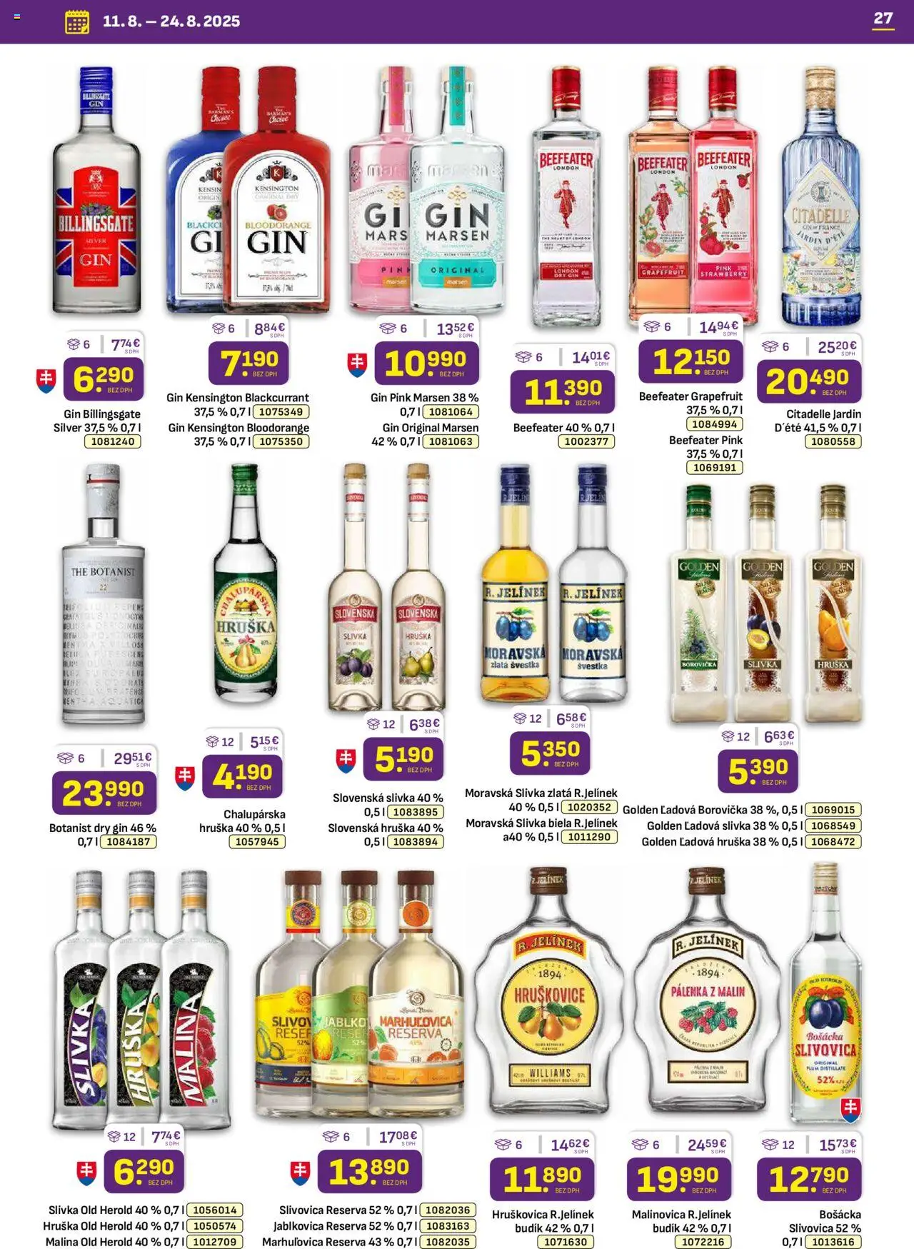 Libex leták │ platný od 11.08.2025 | Strana: 27 | Produkty: Beefeater, Bošácka slivovica, Gin, Budík