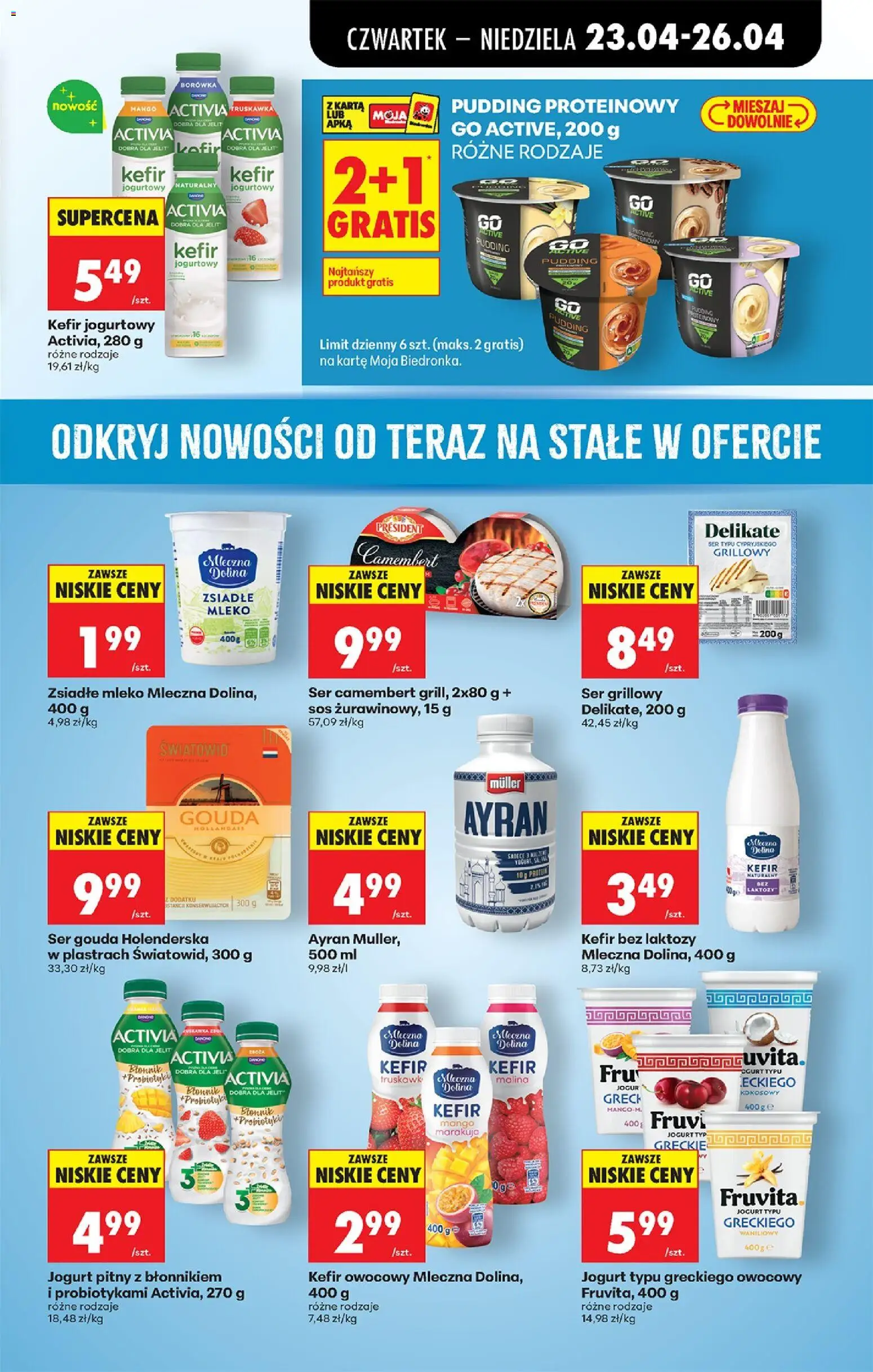 Biedronka gazetka od czwartku od 23.04.2026 | Strona: 65 | Produkty: Mleko mleczna dolina, Malina, Ser camembert, Grill