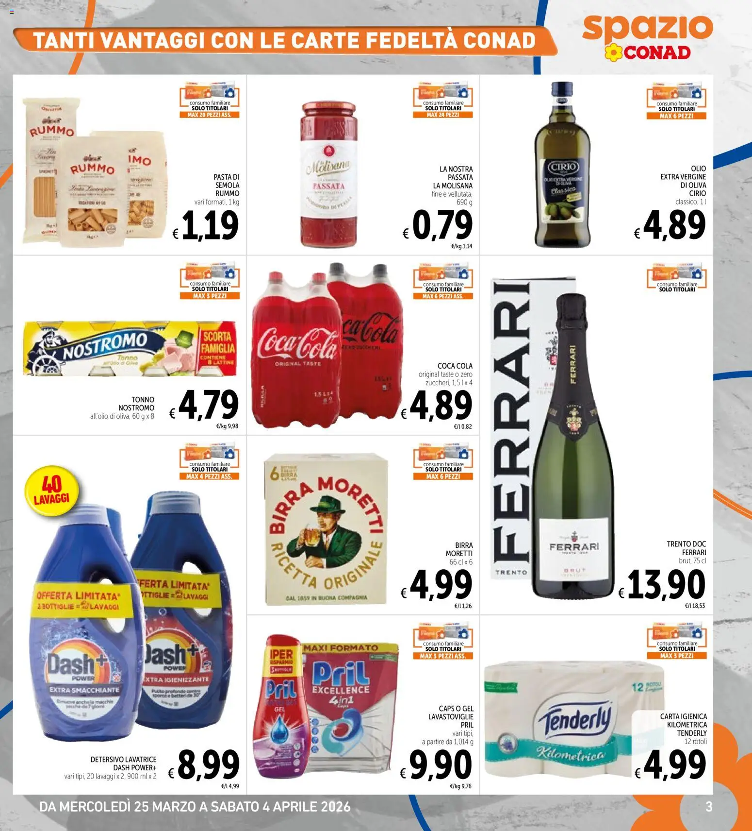 Volantino Spazio Conad del 25.03.2026 | Pagina: 3 | Prodotti: Olio, Pasta, Lavastoviglie, Coca Cola