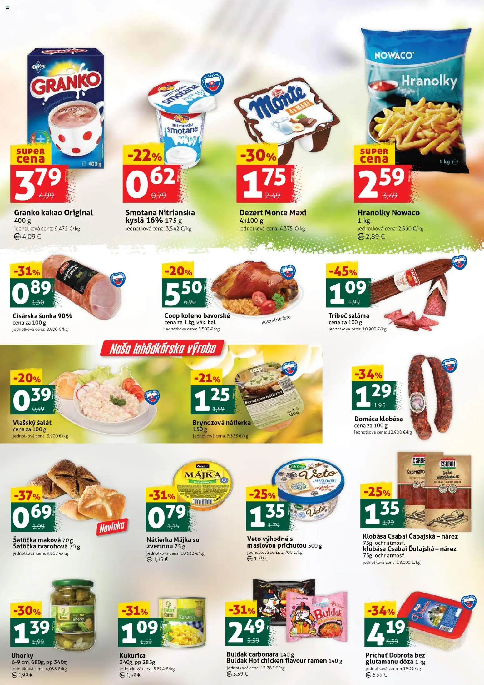 Nové COOP Jednota akcie – leták je platný od 06.02.2026 | Strana: 2 | Produkty: Saláma, Klobása, Uhorky, Kakao