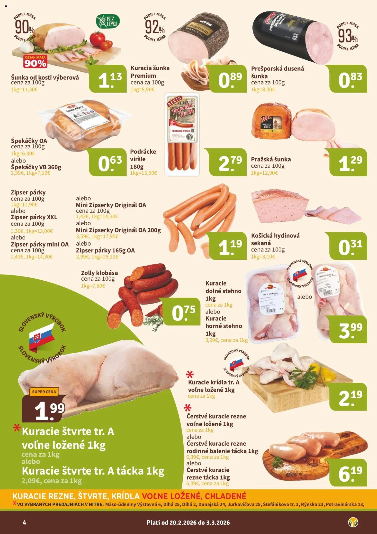 Nové Nitrazdroj akcie – leták je platný od 20.02.2026 | Strana: 4 | Produkty: Klobása, Kuracie rezne, Párky, Kuracie krídla