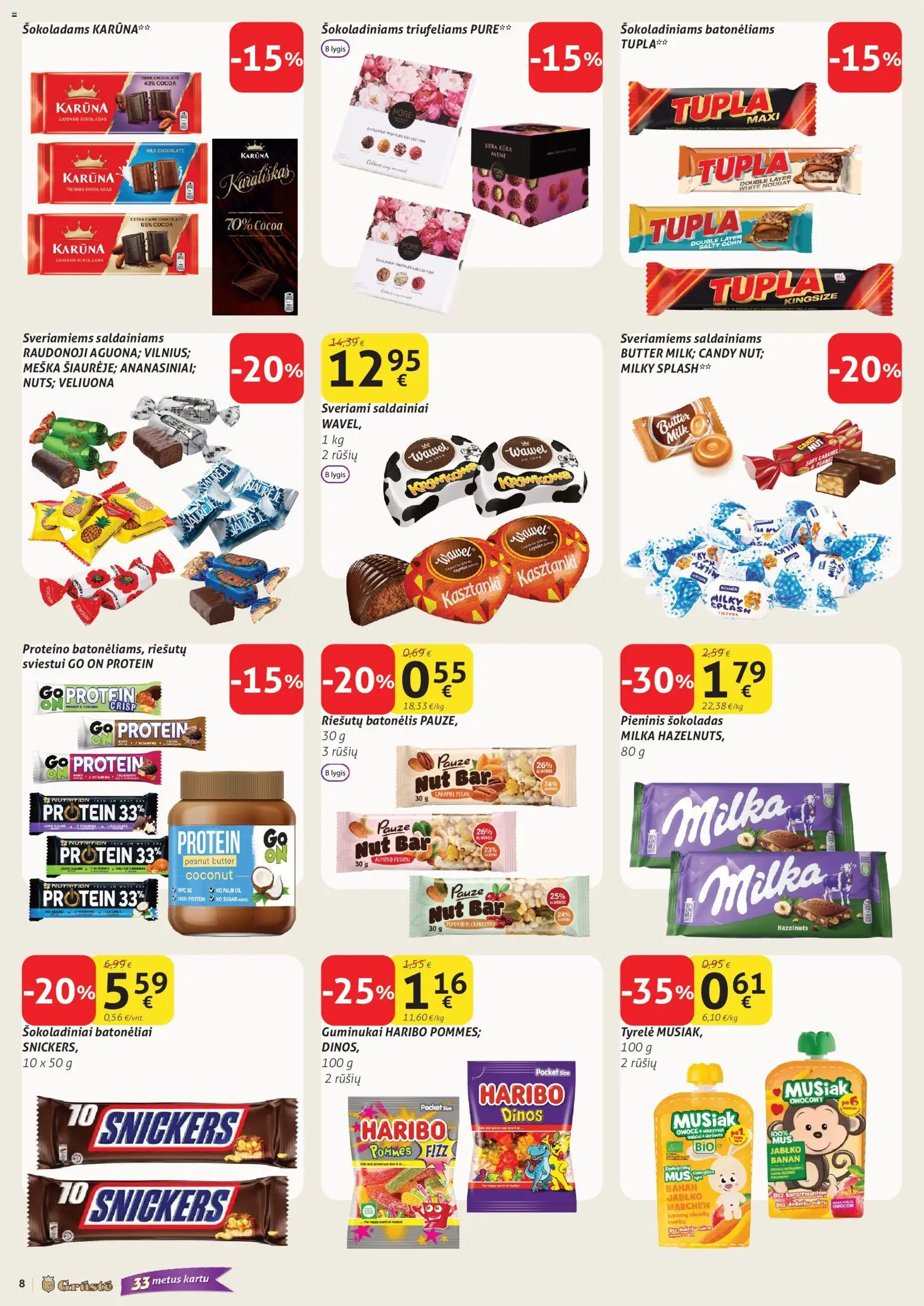 GRUSTE akcijos nuo 11.04.2026 | Puslapis: 8 | Prekių: Šokoladas, Guminukai, Saldainiai