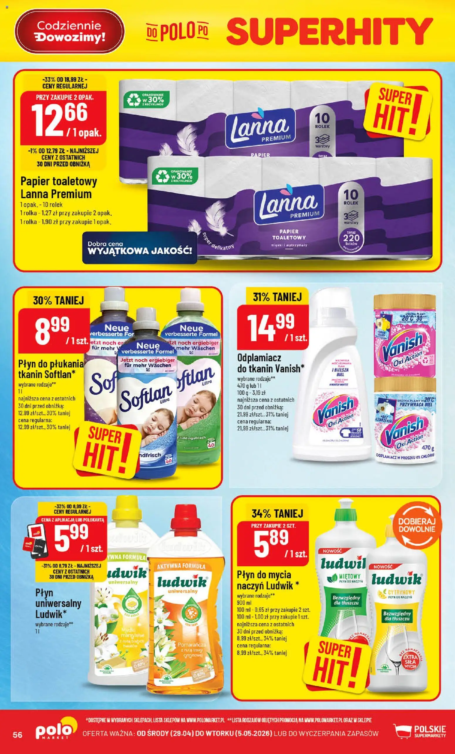 POLOmarket gazetka od 29.04.2026 | Strona: 56 | Produkty: Vanish, Trawy, Papier toaletowy, Odplamiacz