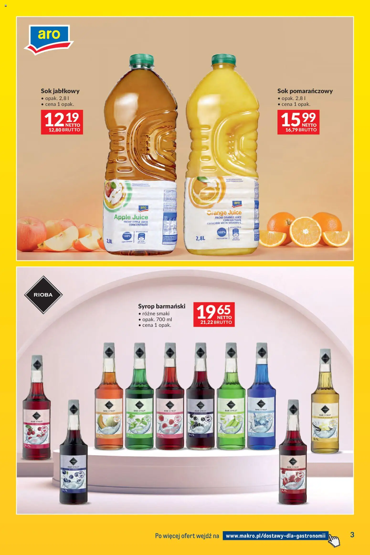 Makro gazetka - Dostawy dla gastronomii od 07.04.2026 | Strona: 3 | Produkty: Syrop, Sok jabłkowy, Syrop barmański, Sok