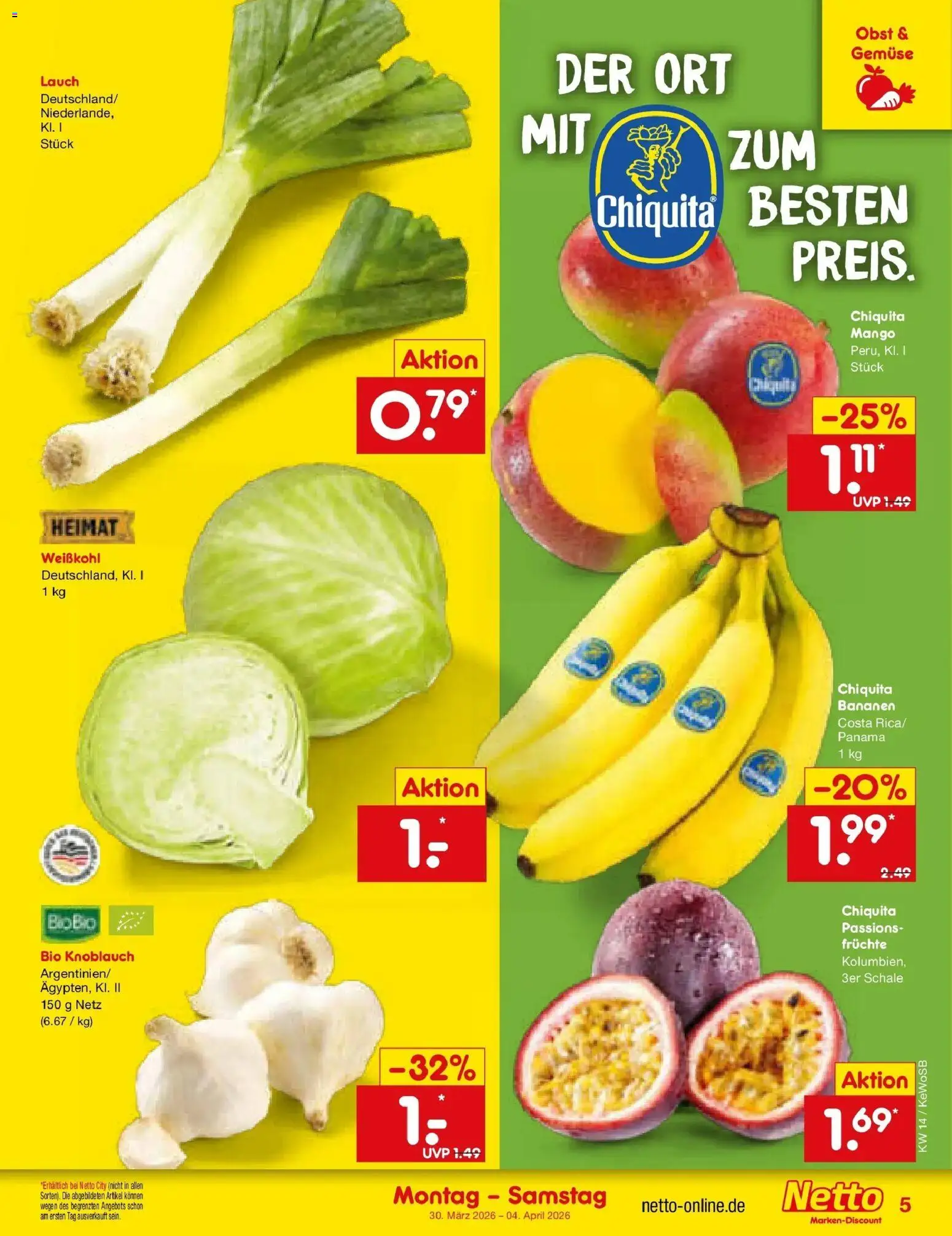 Netto Marken-Discount Prospekt Mannheim	 – gültig ab 30.03.2026 | Seite: 5 | Produkte: Bananen, Gemüse, Mango, Knoblauch