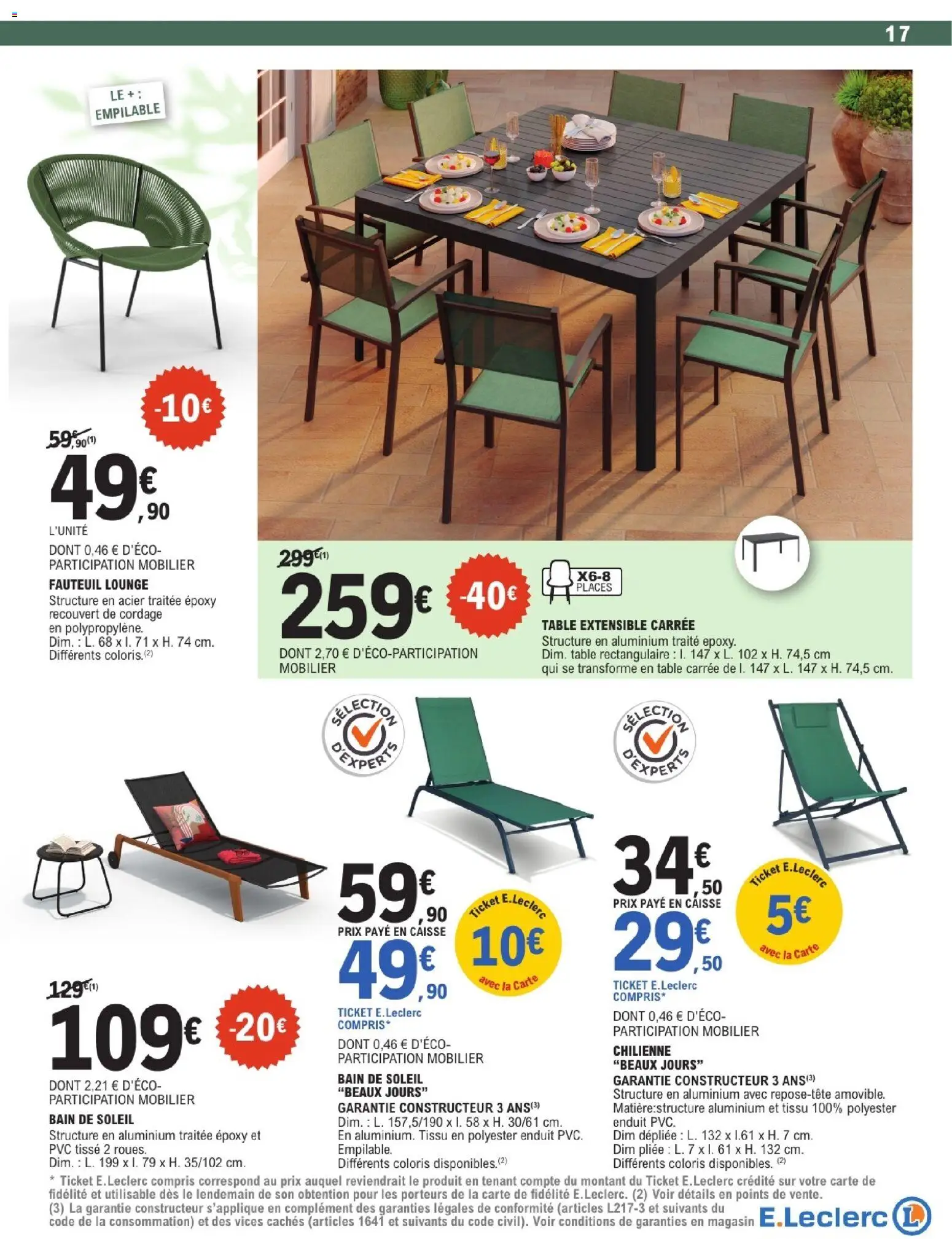 {H1} | Page: 17 | Produits: Bain de soleil, Table extensible, Table, Chilienne