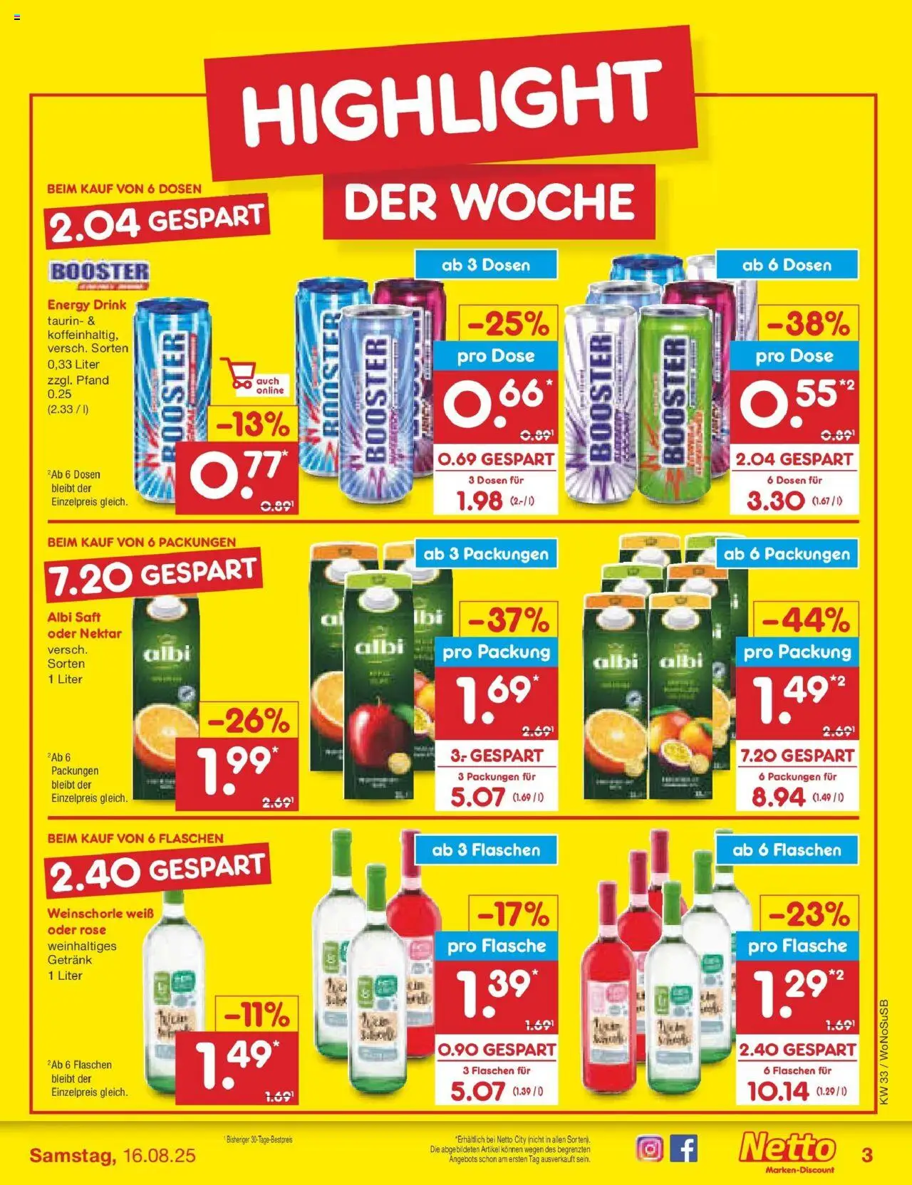 Netto Marken-Discount prospekt Lahnau	 - gültig ab dem 10.08.2025 | Seite: 3 | Produkte: Energy, Weinschorle, Saft