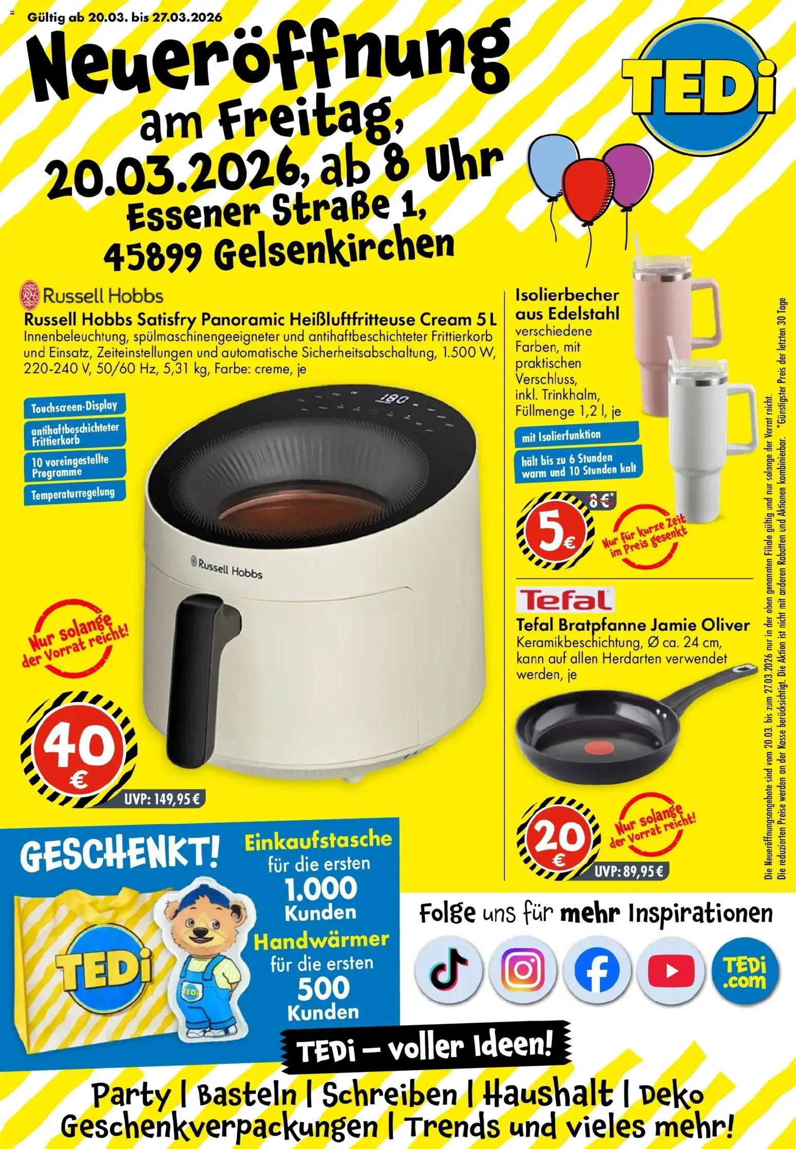 TEDi Neueröffnung Gelsenkirchen – gültig ab 20.03.2026 | Seite: 1 | Produkte: Heißluftfritteuse, Uhr